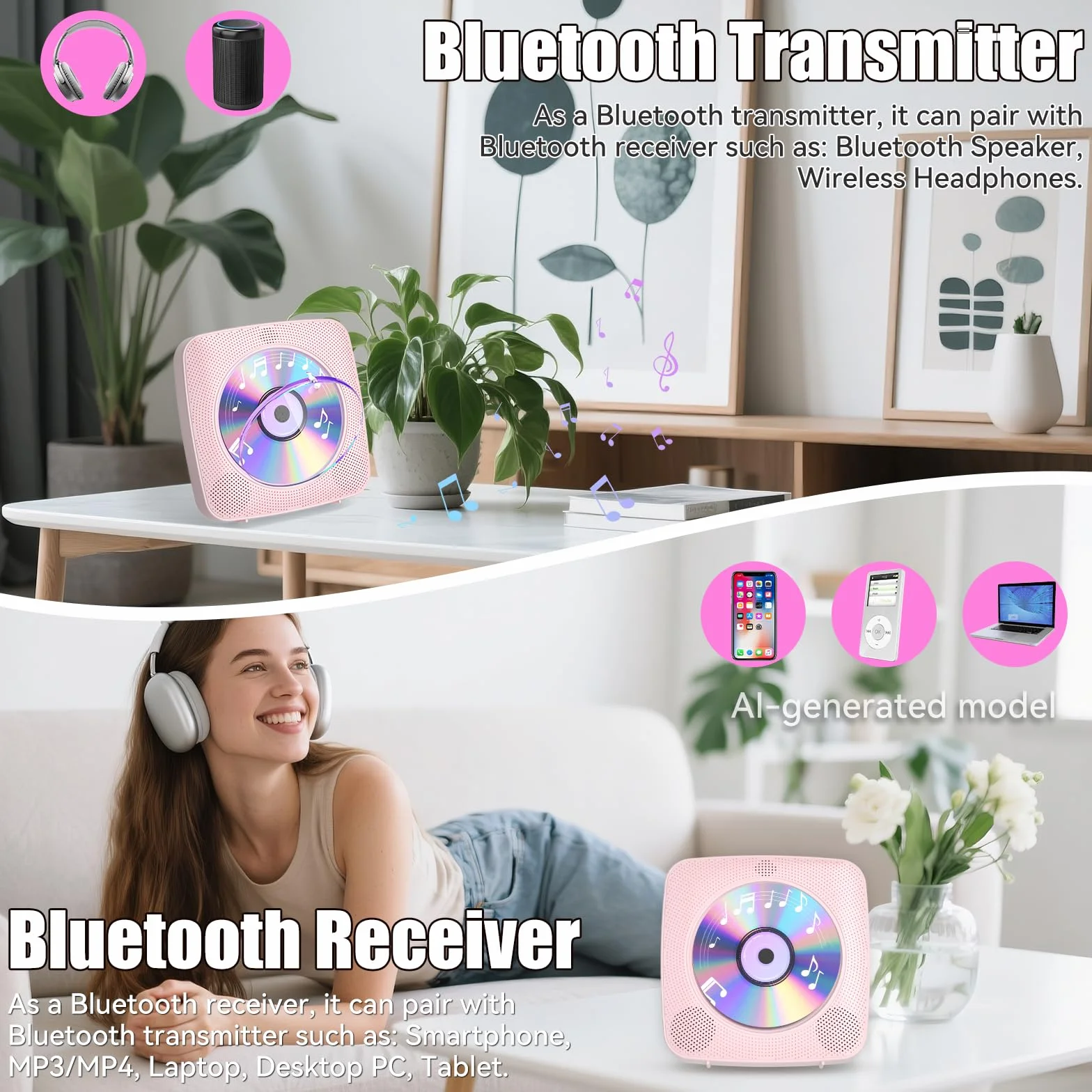 Gueray Reproductor de CD Portátil Bluetooth 1800mah Reproductor de CD Adecuado para Reproductores de CD Domésticos con Altavoces Dobles, Radio FM, Remoto, Puerto de Auriculares USB AUX-Rosa
