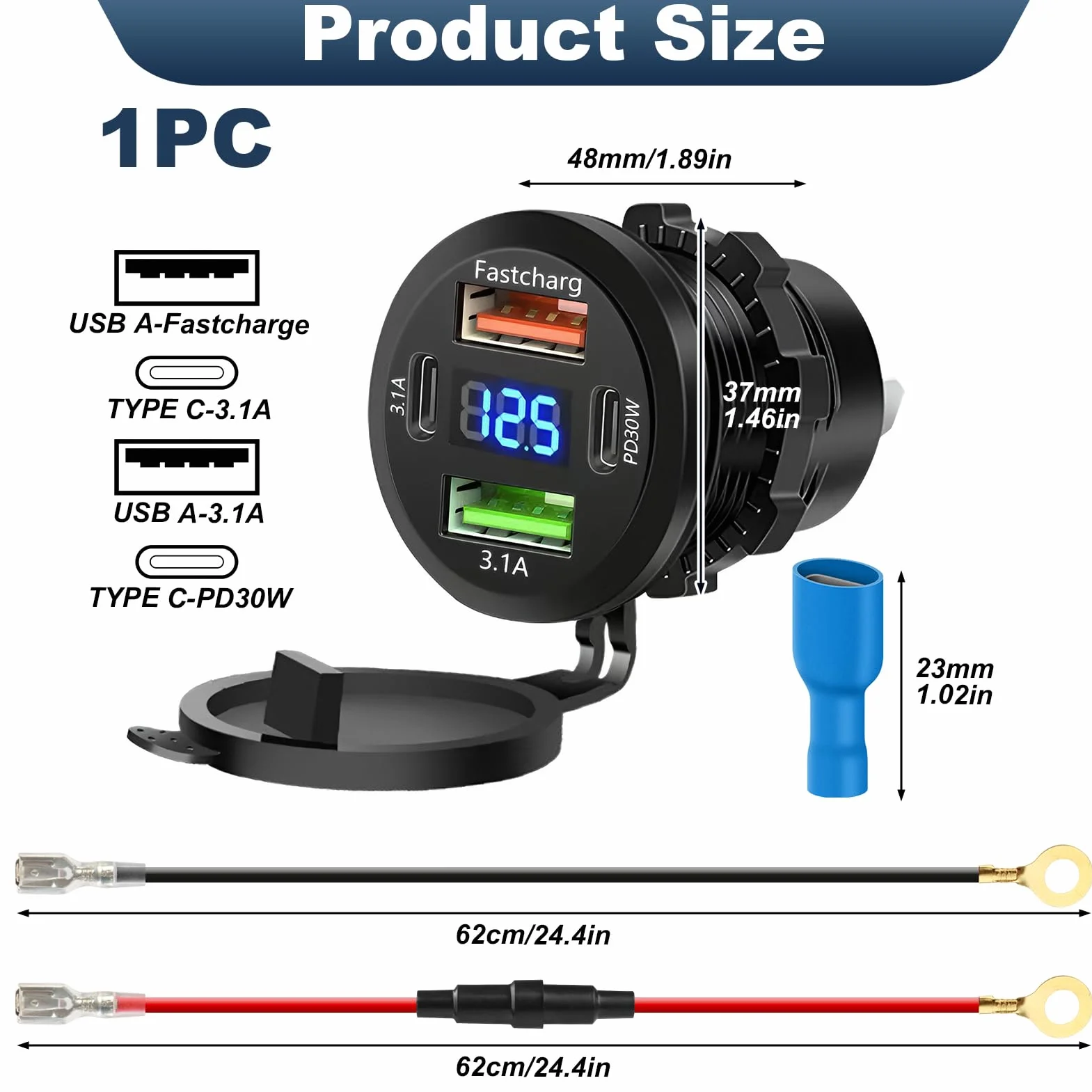 Cargador de Coche 12V 4 Puertos USB, Doble PD3.0 QC3.0 USB C Impermeable con Voltímetro
