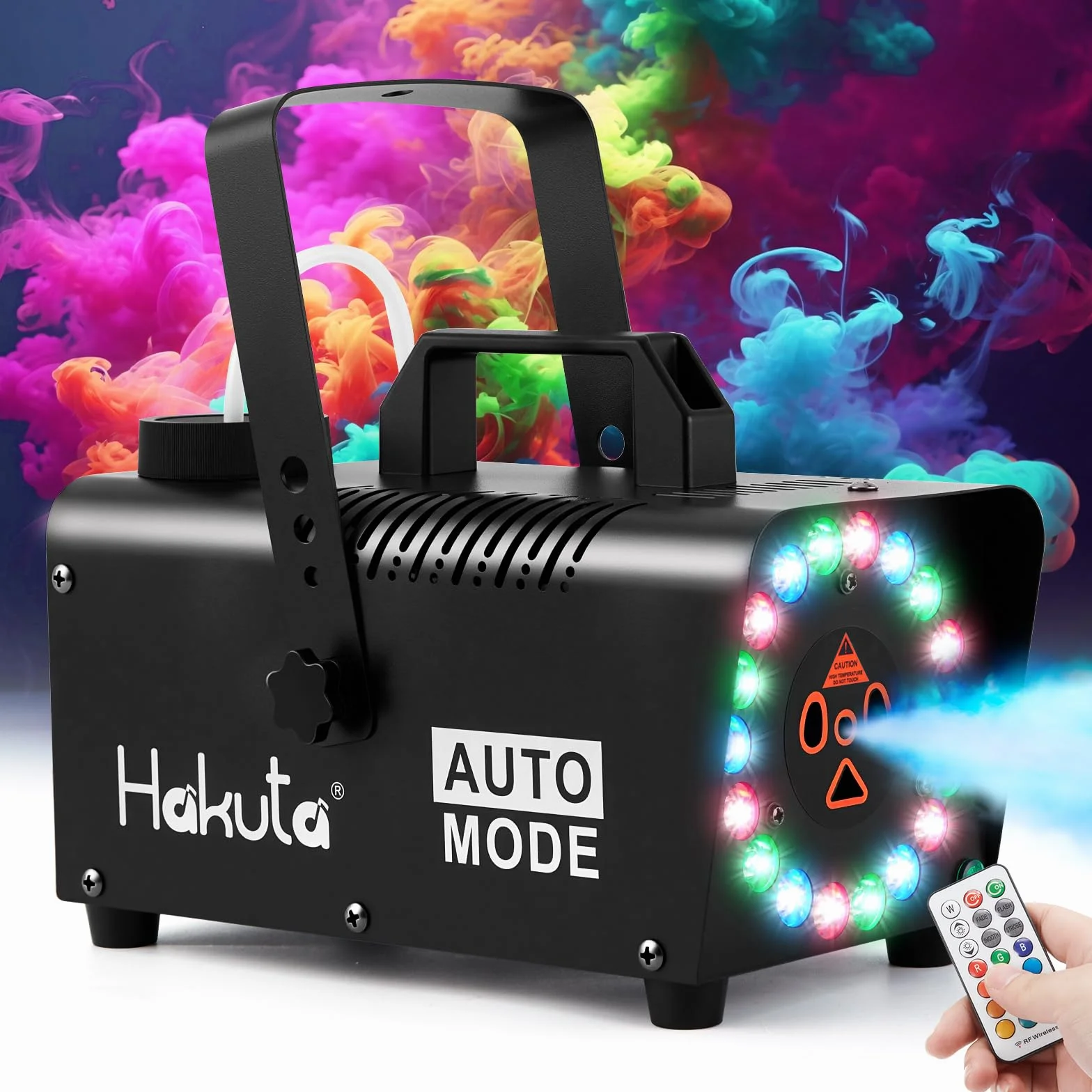 Hakuta Máquina de Niebla con 18 Luces LED, Mando a Distancia, Función Automática - Efecto Humo para Fiestas, Eventos en Interiores, Decoración Hogar (Negro)