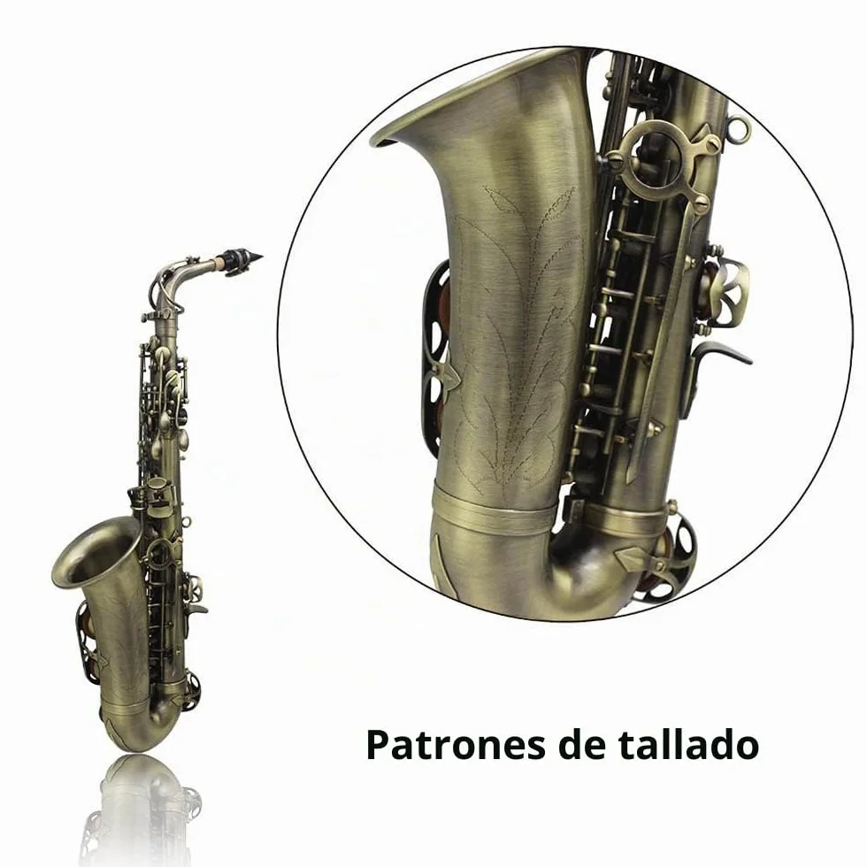 Btuty Alto grado acabado antiguo Bend Eb E-flat Saxofón alto Saxofón Abalone Shell clave tallar patrón con caso guantes limpieza paño correas cepillo