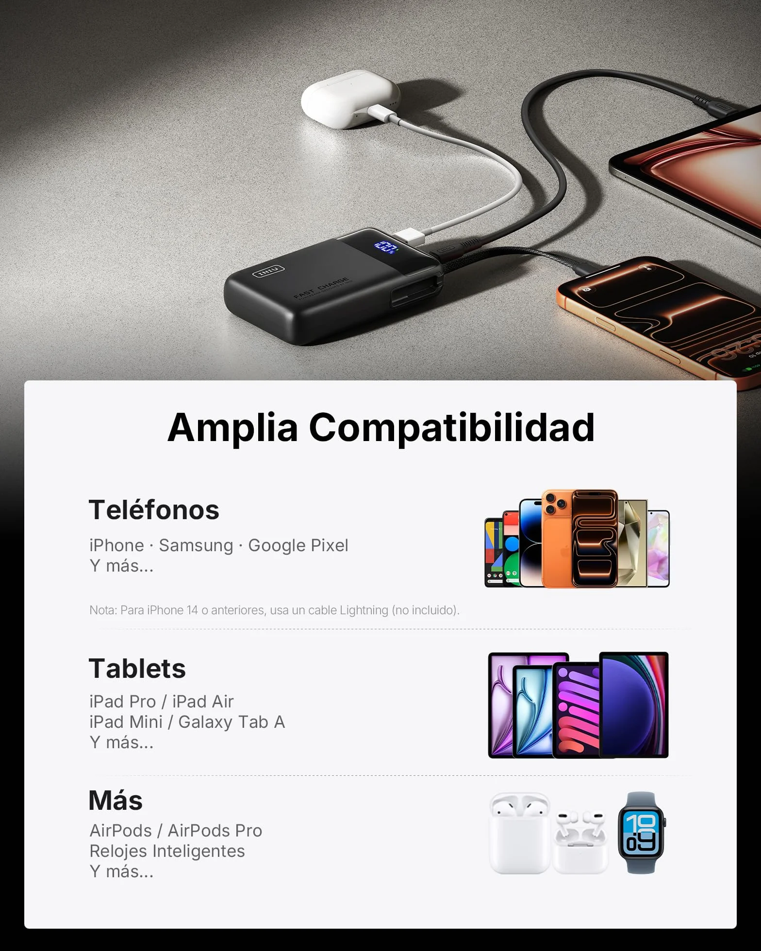 INIU Power Bank 20000mAh 45W Carga Rapida Bateria Externa con Cable USB-C Integrado para iPhone iPad Samsung Xiaomi