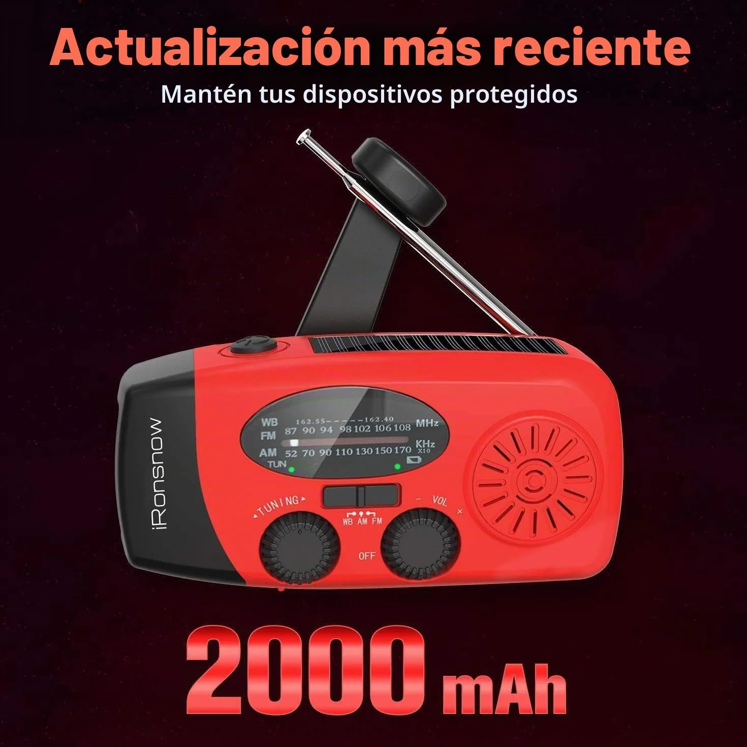 iRonsnow Radio de Emergencia, Radio Solar Portátil FM/Am/WB Manivela de la Mano Radio con 2000mAh Banco de Energía como Power Bank LED Linterna para Actividades Al Aire Libre y Emergencias