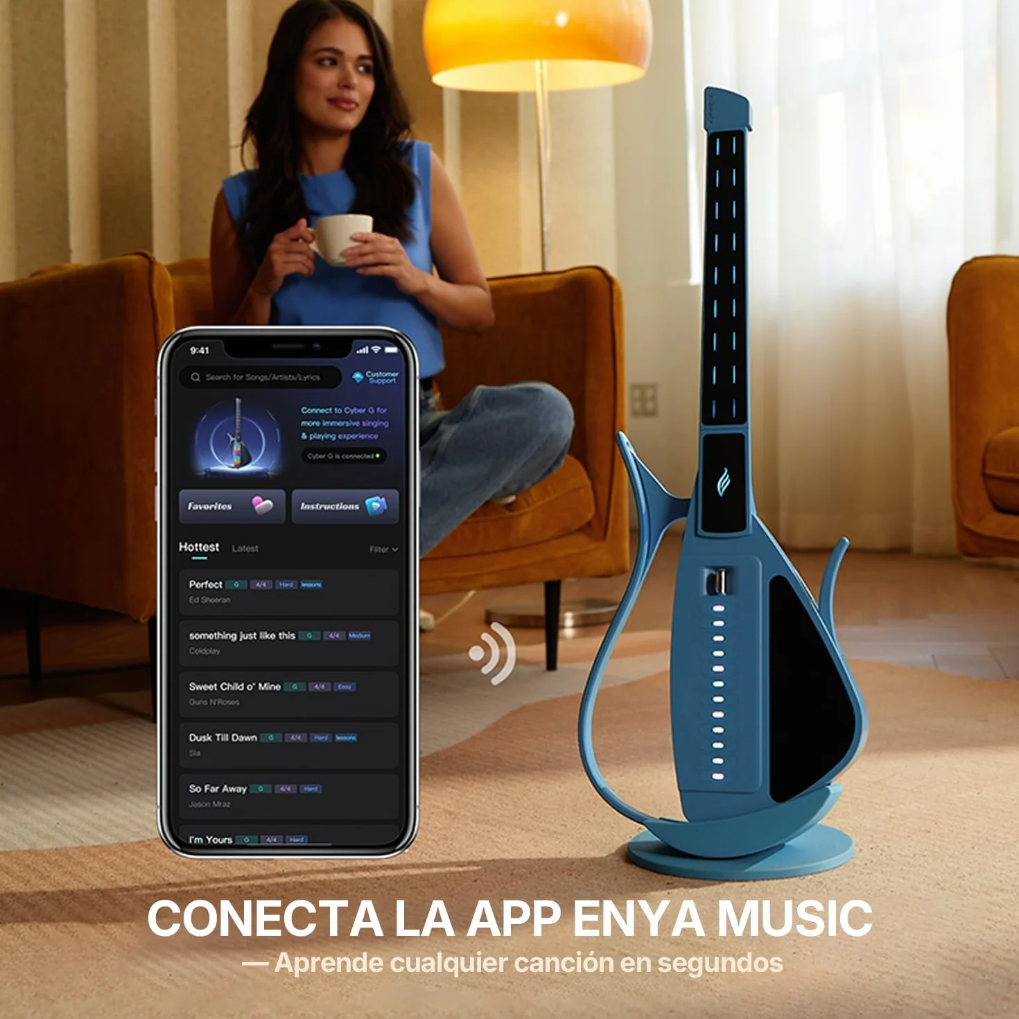 Enya CYBER-G Guitarra Smart Innovadora – Sin Cuerdas Guitarra Travel Guitar portátil & Silent E-Guitar con teclas LED, Drum & Bass, cientos de sonidos, altavoz incorporado para aprendizaje rápido