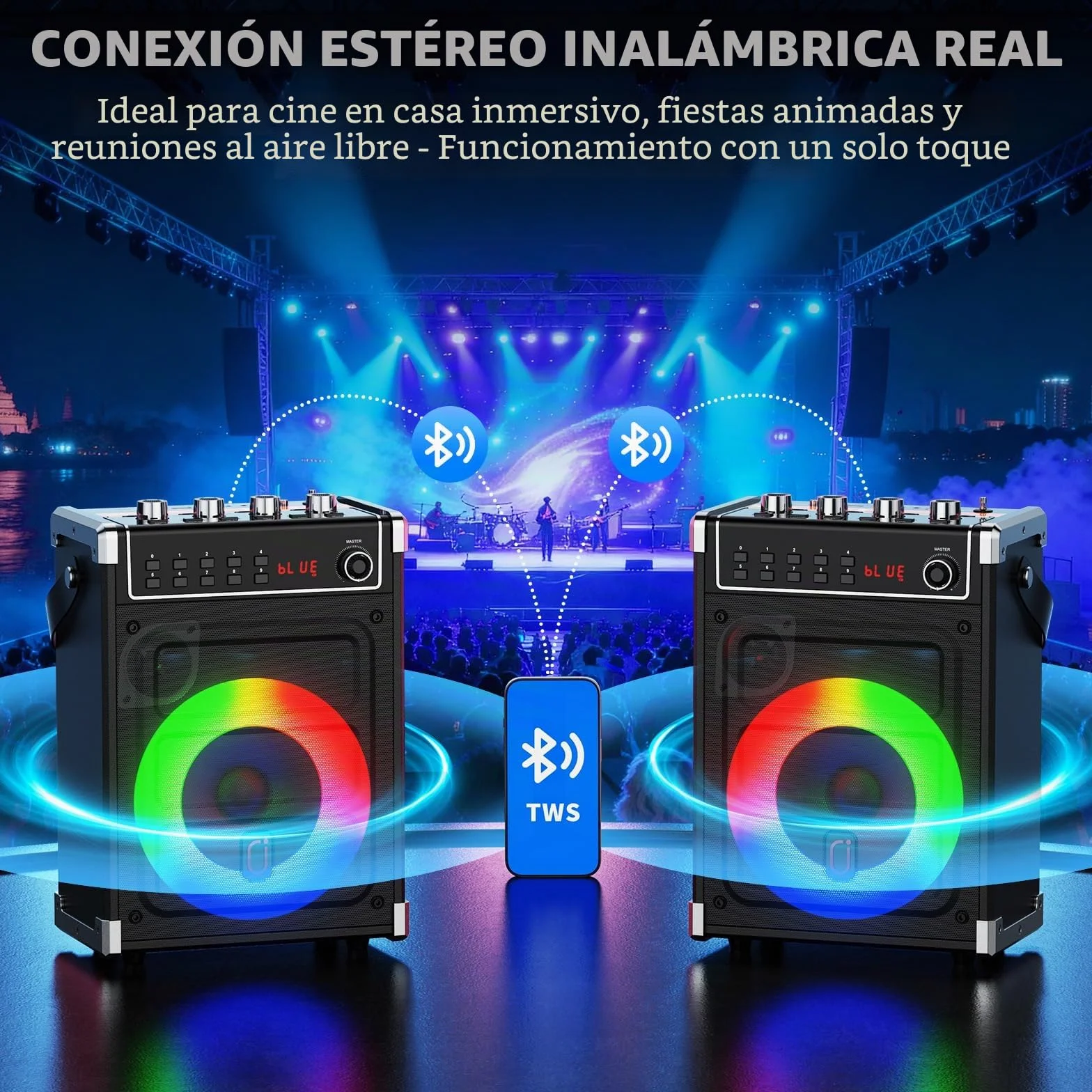 JYX Máquina de karaoke con dos micrófonos inalámbricos, ajuste de bajos/agudos y luz LED, soporte TWS, entrada AUX, radio FM, REC, suministro para fiesta/reunión/boda - negro