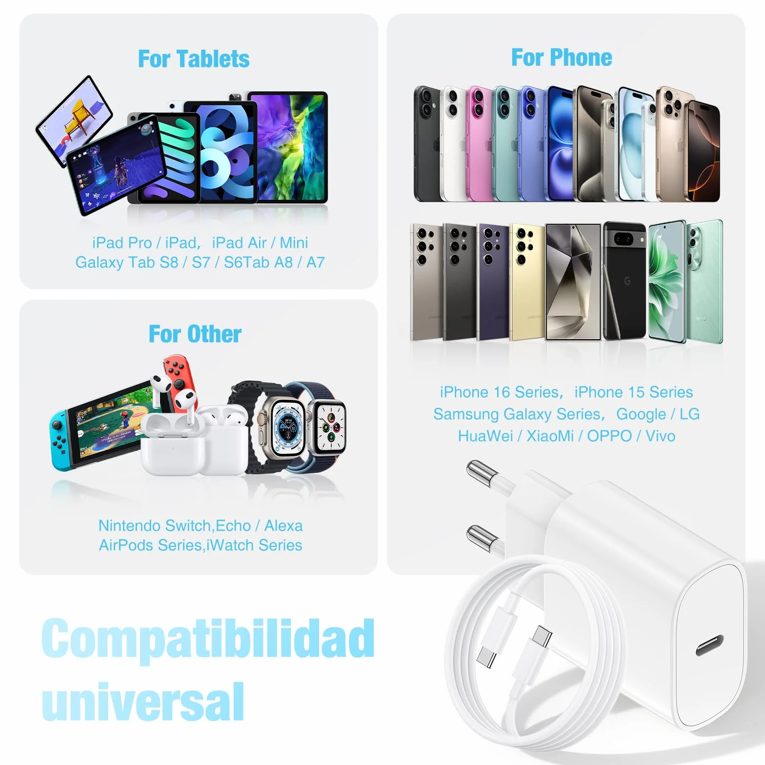 Cargador USB-C Carga Rápida 20W para iPhone 17 16 15 con Cable 2M