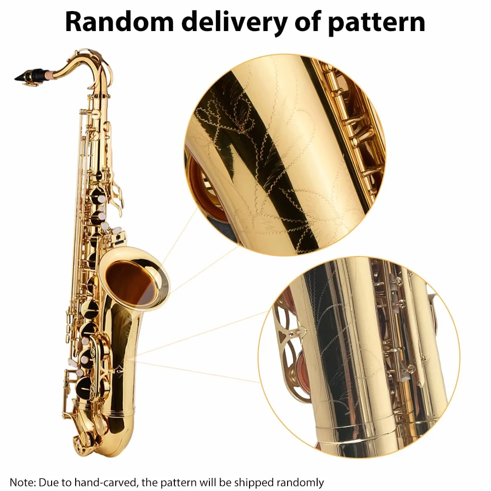 HUIOP Saxofón tenor Bb Saxofón Cuerpo de latón Superficie lacada en oro Instrumento de viento de madera con estuche de transporte Guantes Paño de limpieza Cepillo Correas para el cuello para saxo