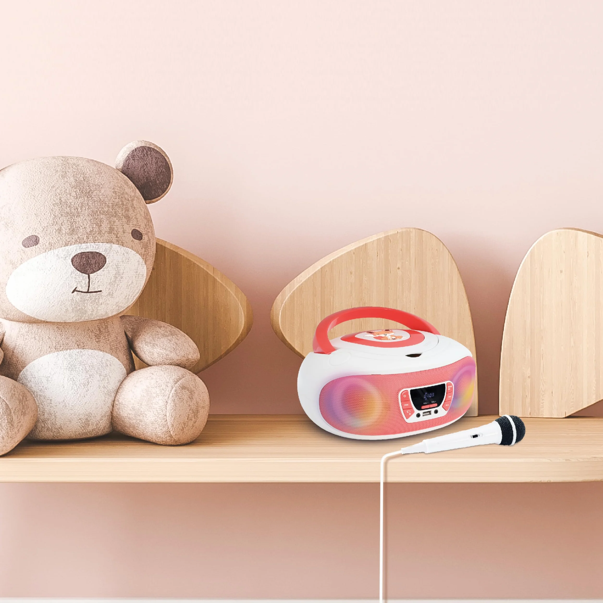 Mooov 477409 - Radio CD FM, Efectos Luminosos, función inalámbrica, USB, Pantalla LED, función Karaoke con Micro AUX-IN, Blanco y Rosa
