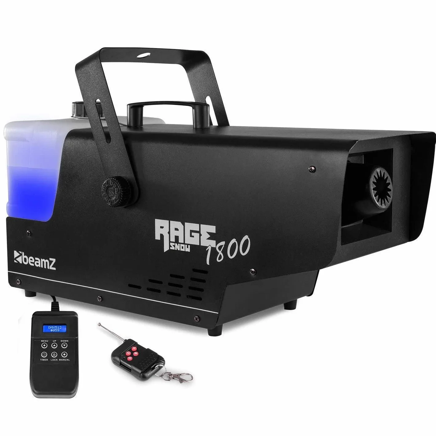 BeamZ RAGE1800SNOW Máquina de Nieve 1800W - Incluye 5L de Líquido, Mando Inalámbrico y con Cable, Tanque Grande, Efecto Invernal Profesional para Eventos, Escenarios y Decoración Navideña
