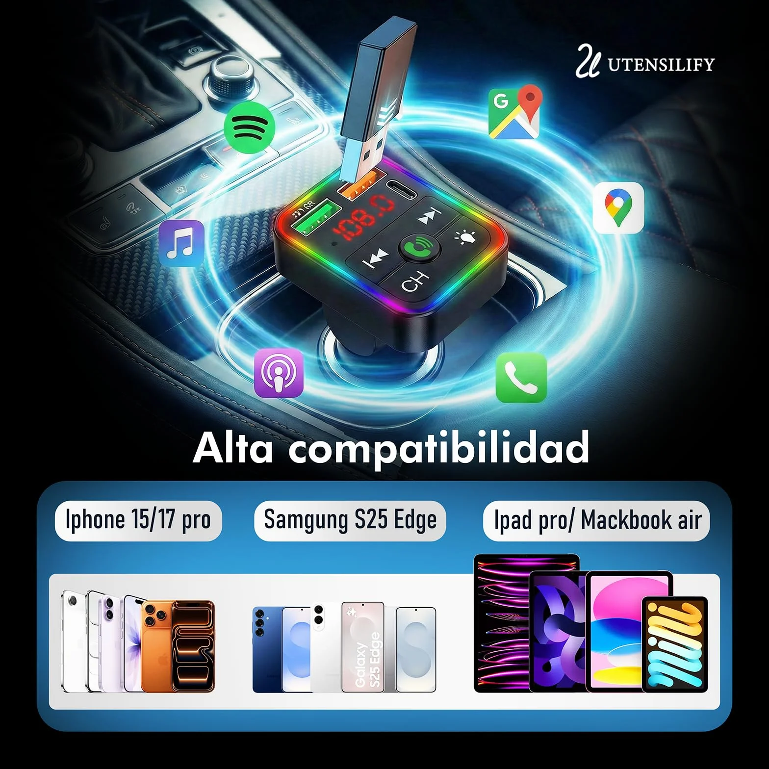 UTENSILIFY® Transmisor FM Bluetooth Coche Premium 5.3 Manos Libres Cargador Rápido