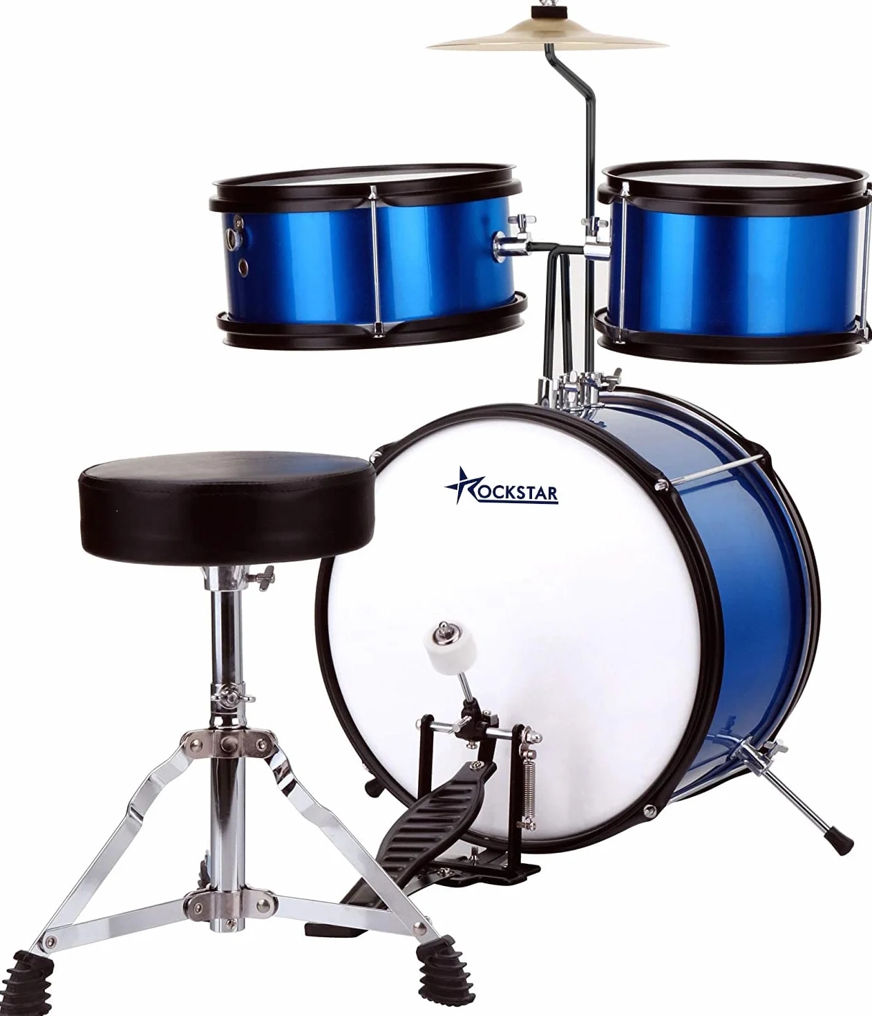 ROCKSTAR MUSIC - Batería Infantil de Madera para Jóvenes Músicos - Kit Completo de Percusión, Calidad Sonora Excepcional, Diseño Ergonómico - Incluye Asiento, Pedal de Bombo, Baquetas, Azul metalizado