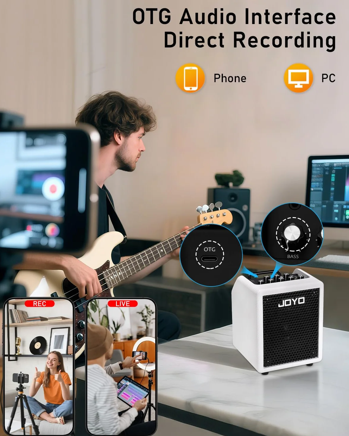 Joyo - Amplificador combinado de bajo 30 W portátil – altavoz de 4 pulgadas, EQ 3 bandas y compresor | Bluetooth 5.1 + grabación OTG, salida de auriculares para práctica solo (Vibe Cube BA-30, blanco)