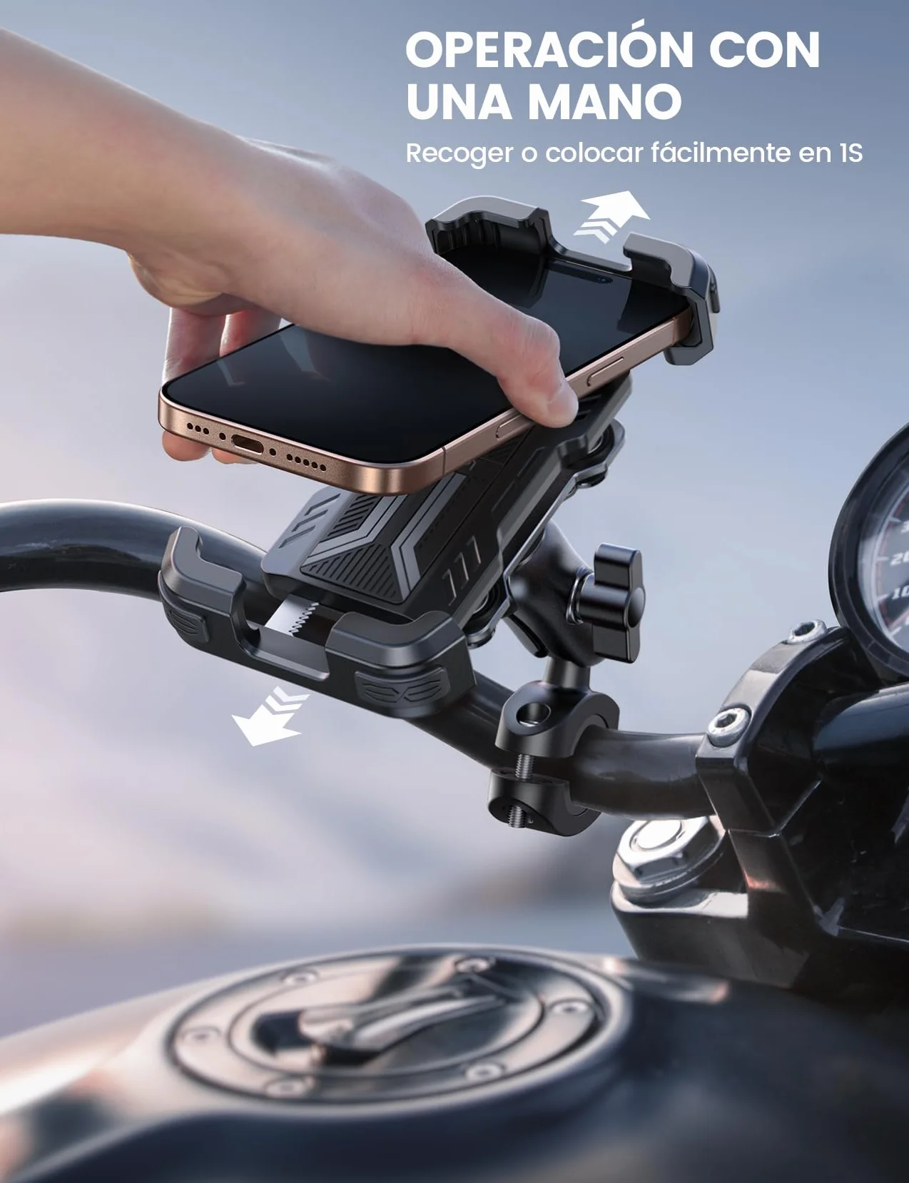 Lamicall Soporte Móvil Moto Doble Antivibración Brazo Extensible Metálico Antirrobo 360° Giratorio para iPhone 17 16 15 4,7-6,7"