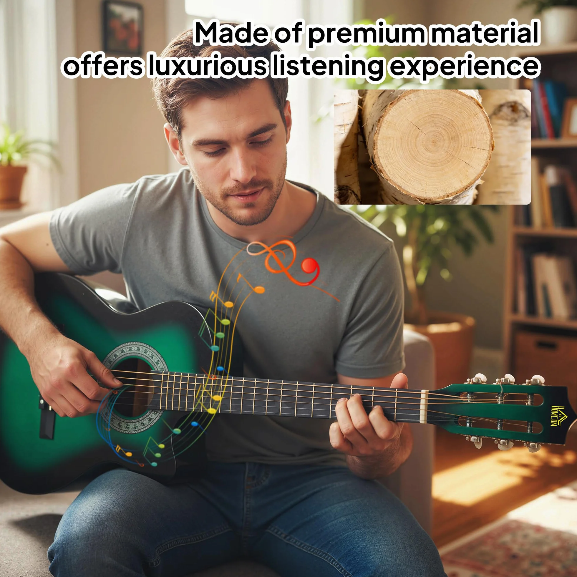 Guitarra acústica eléctrica HOMCOM de 38 pulgadas, guitarra clásica para principiantes y adultos jóvenes, acabado brillante, con estuche de transporte, correa, púas y cuerdas de repuesto - Verde