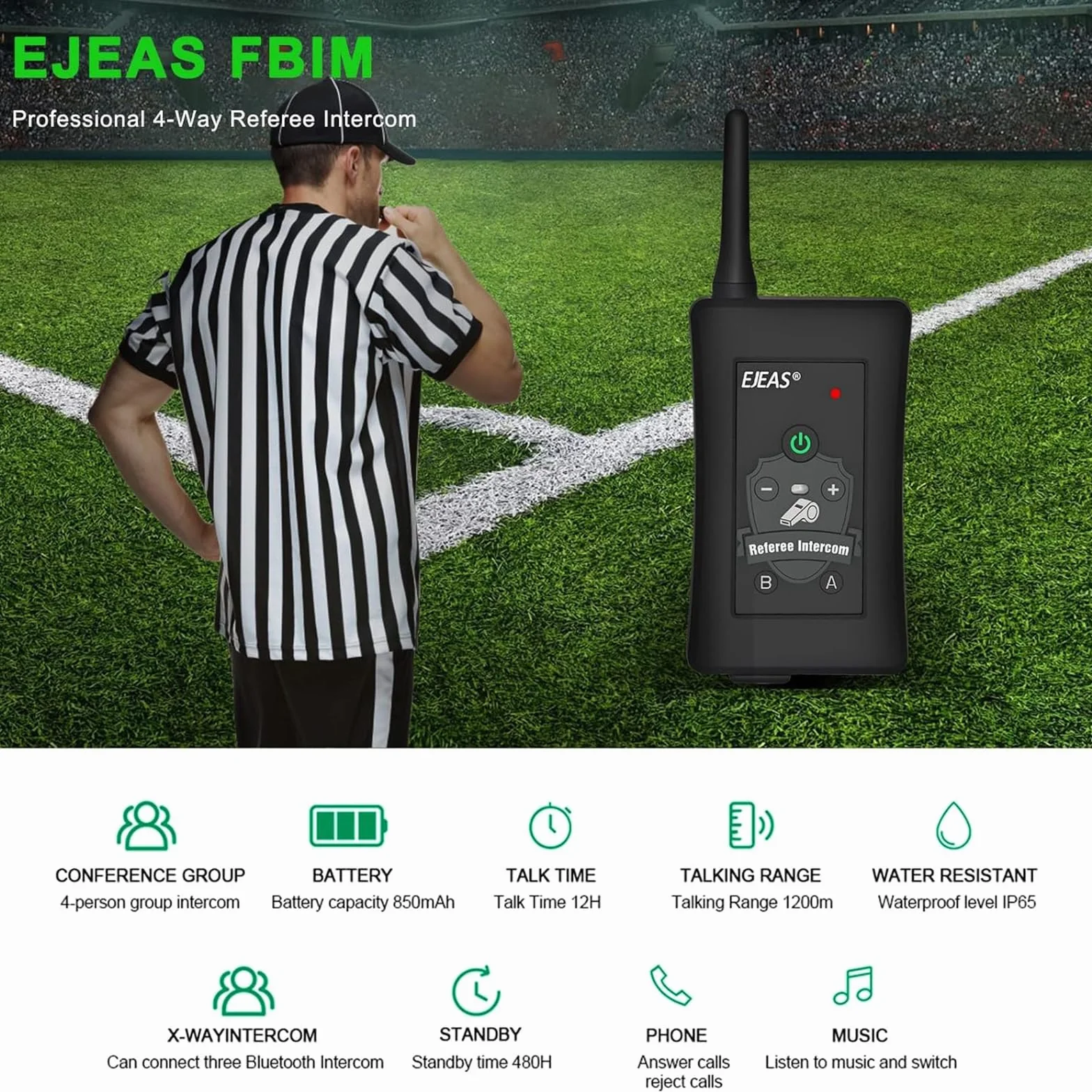 EJEAS FBIM Profesional Sistema de Comunicación con Intercomunicador Bluetooth, 1500M Intercomunicador para 4 Personas con Reducción de Ruido CVC, Brazalete