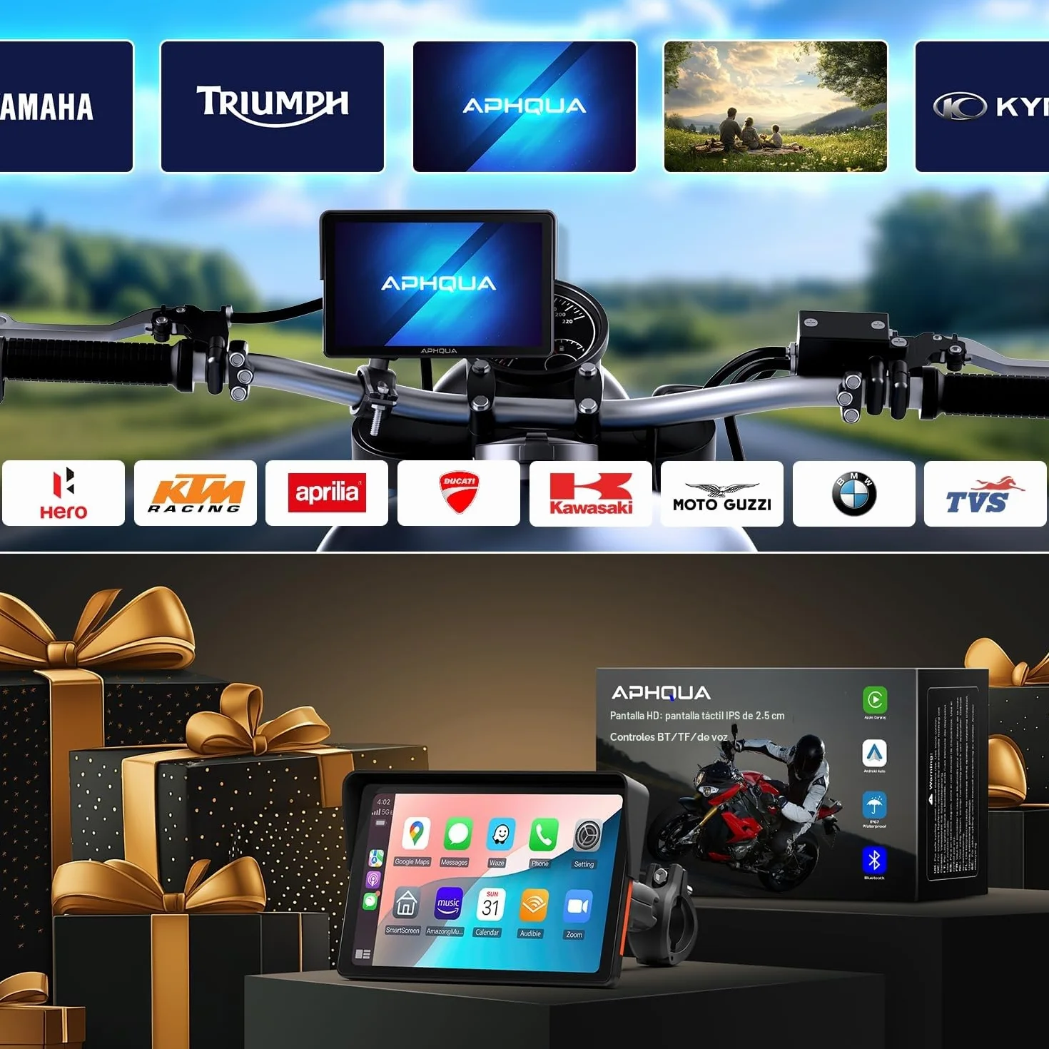 CarPlay Moto Soporte Forma U 7" Pantalla Táctil Impermeable Bluetooth GPS Navegación Android Auto Inalámbrico