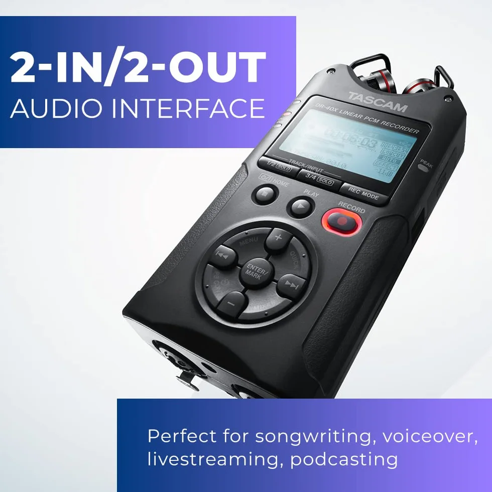 TASCAM DR-40X - Grabadora portátil de campo de 4 pistas, 2 entradas XLR/TRS, interfaz de audio USB, micrófonos ajustables dobles para grabación estéreo/multipista de música, audio para video y