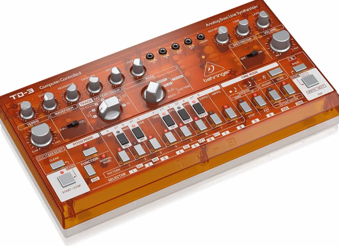 Behringer TD-3-TG Sintetizador de línea de graves analógico con VCO, VCF, secuenciador de 16 pasos, efectos de distorsión y cadena de poli 16 voz, compatible con PC y Mac