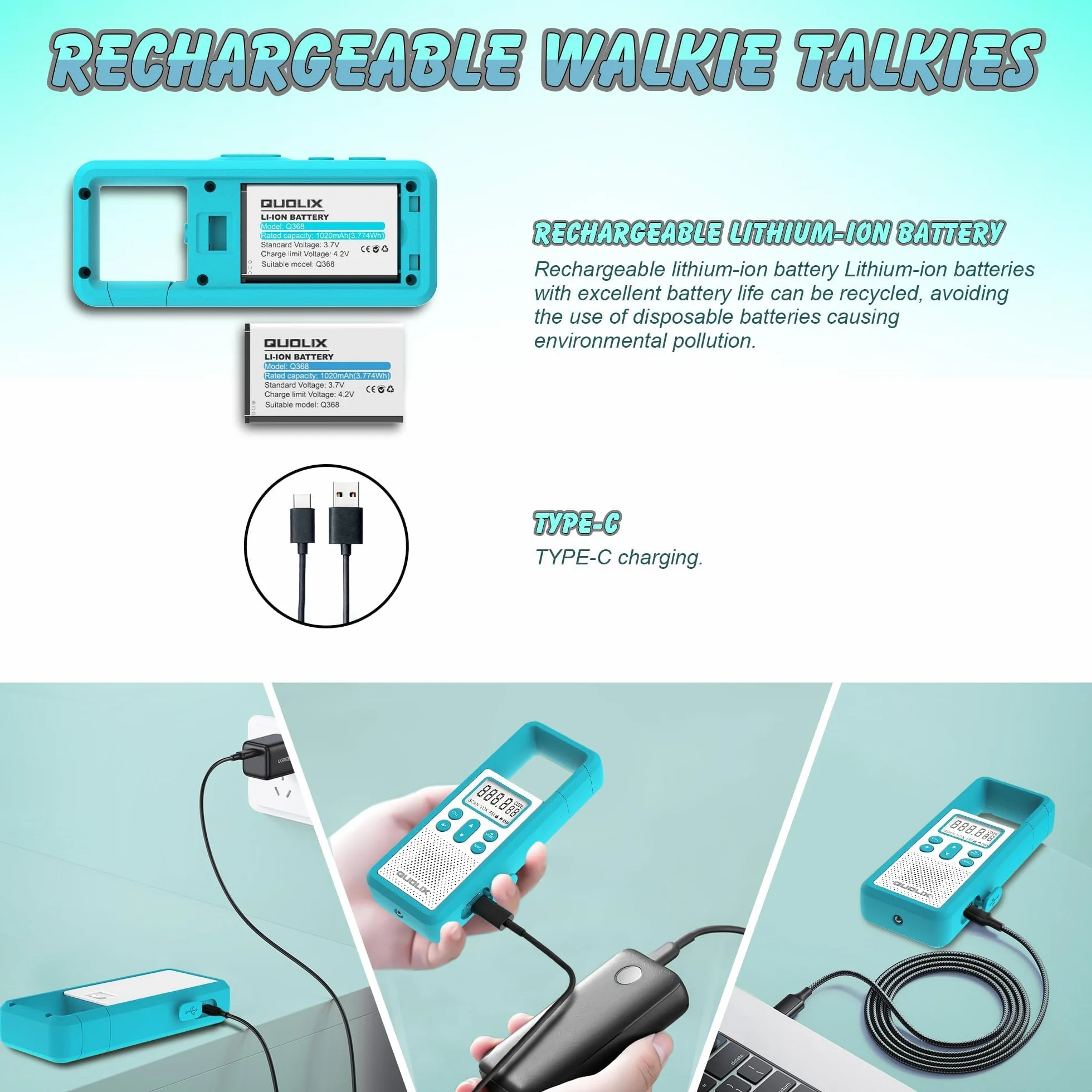 Walkie Talkie Largo Alcance, QUOLIX 4pcs Profesional USB Recargable con Batería Incorporada 8 Canales Radio - Fácil Emparejamiento Alerta SOS Activado por Voz VOX LED Linternas para Adultos Niños