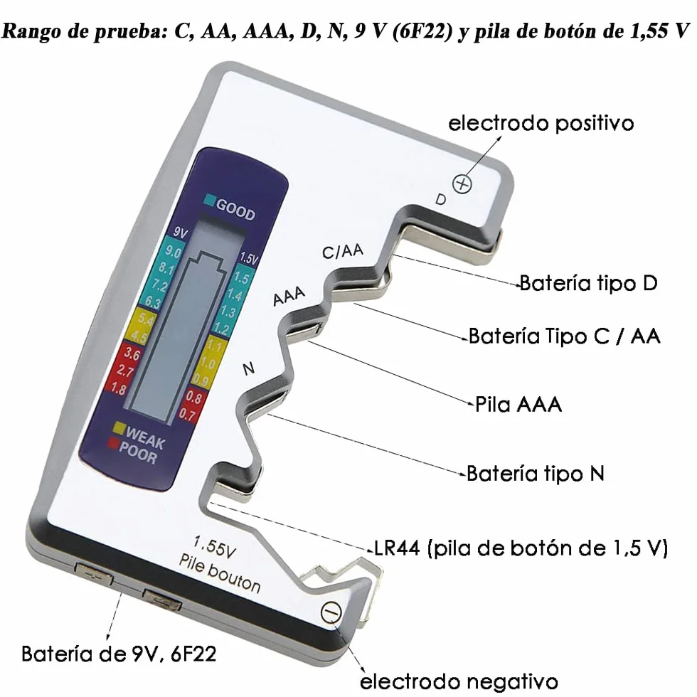 Treki Comprobador de Batería Digital LCD Probador de Capacidad de Batería de Pantalla Portátil Medidor de Voltaje de Pilas de Botón AA, AAA, C, D, N, 9V, 1.5V Universal