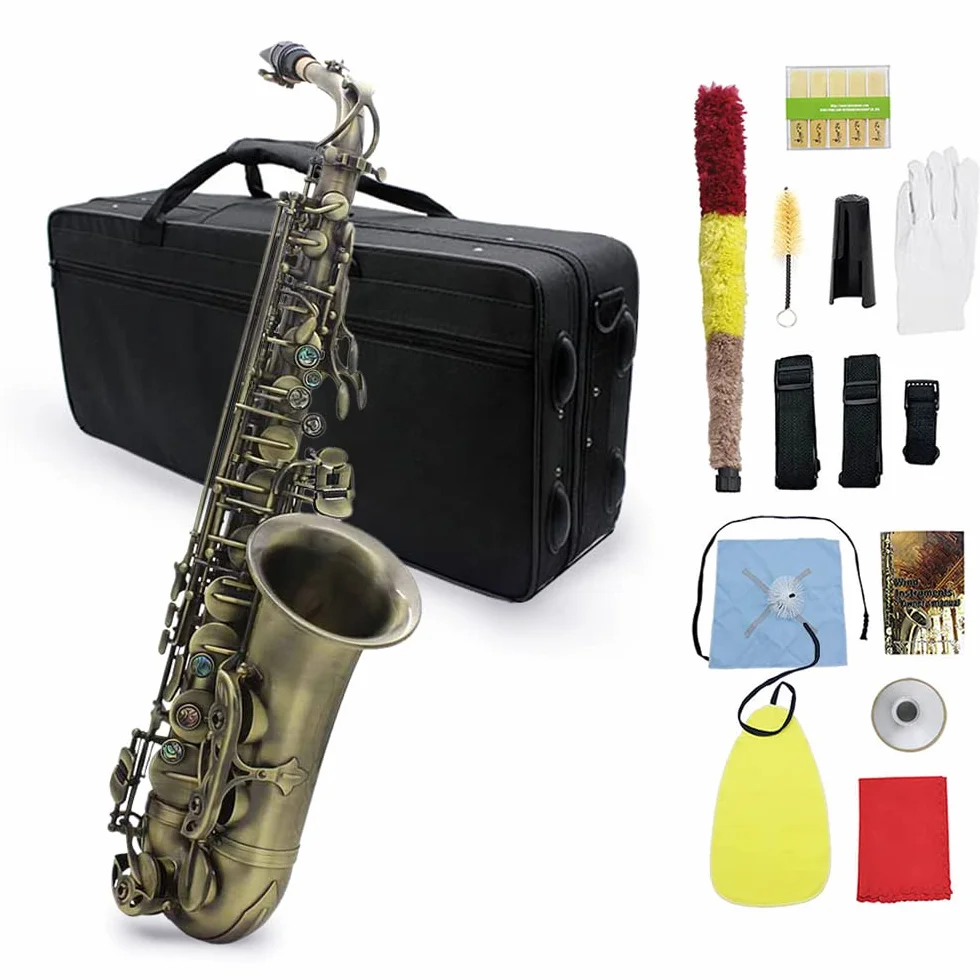 Btuty Alto grado acabado antiguo Bend Eb E-flat Saxofón alto Saxofón Abalone Shell clave tallar patrón con caso guantes limpieza paño correas cepillo