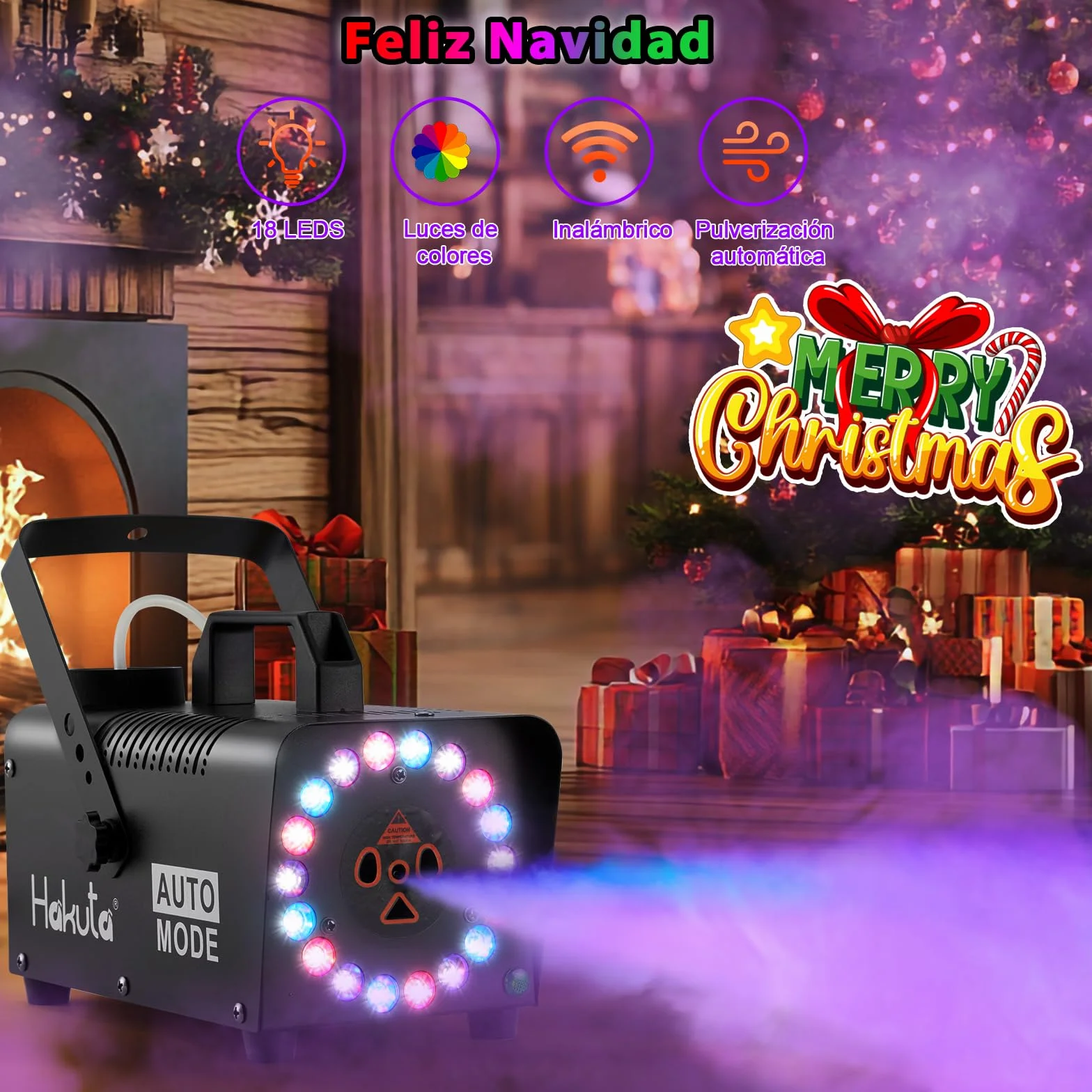 Hakuta Máquina de Niebla con 18 Luces LED, Mando a Distancia, Función Automática - Efecto Humo para Fiestas, Eventos en Interiores, Decoración Hogar (Negro)