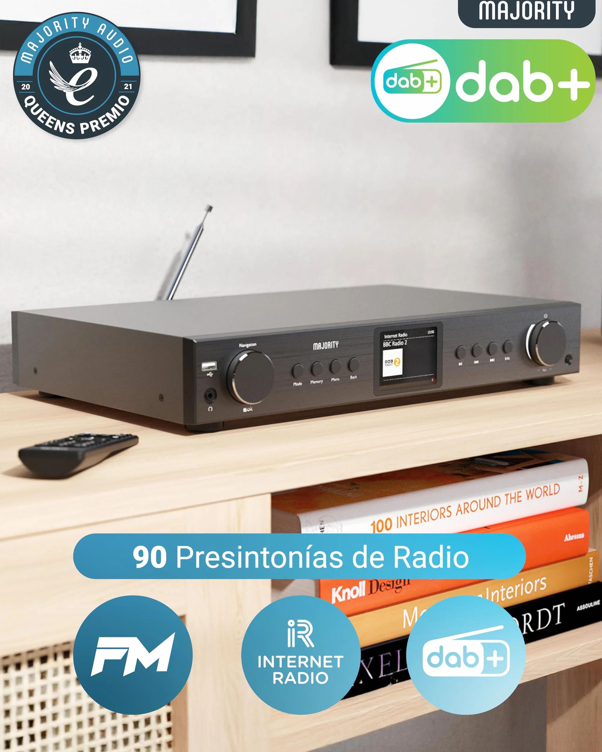 Radio Internet WiFi Sintonizador | Receptor de Radio Digital Dab+ & FM | Spotify Connect & Podcasts | Bluetooth Adaptor para Pila HiFi | Mando a Distancia Incluido | MAJORITY Fitzwilliam (Negro)