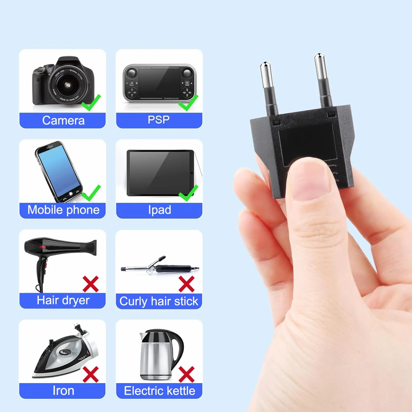 Adaptador Enchufe Americano a Europeo 4 Piezas, USA a España, Negro Compacto Viaje