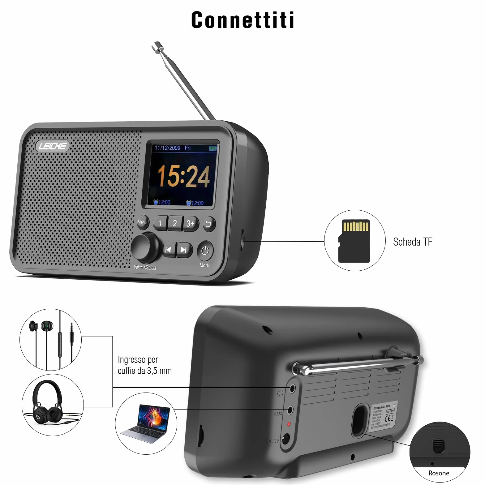 LEICKE Radio portátil Dab+ Bluetooth 5.0 FM Pantalla 2,4 Pulgadas Cocina Cable batería 4000 mAh MicroSD Alarma