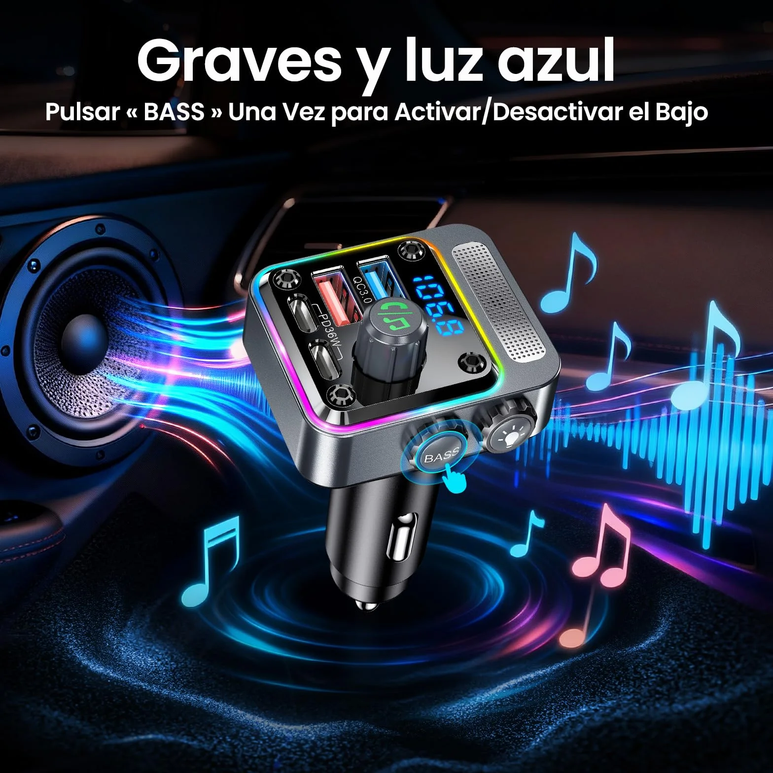 Gizmovine Transmisor FM Bluetooth Coche,Manos Libres Adaptador Bluetooth Radio Coche,Carga Rápida (USB C PD 36W QC3.0 18W),Mechero Accesorios Coche,Bass,Inalámbrico Reproductor Musica MP3