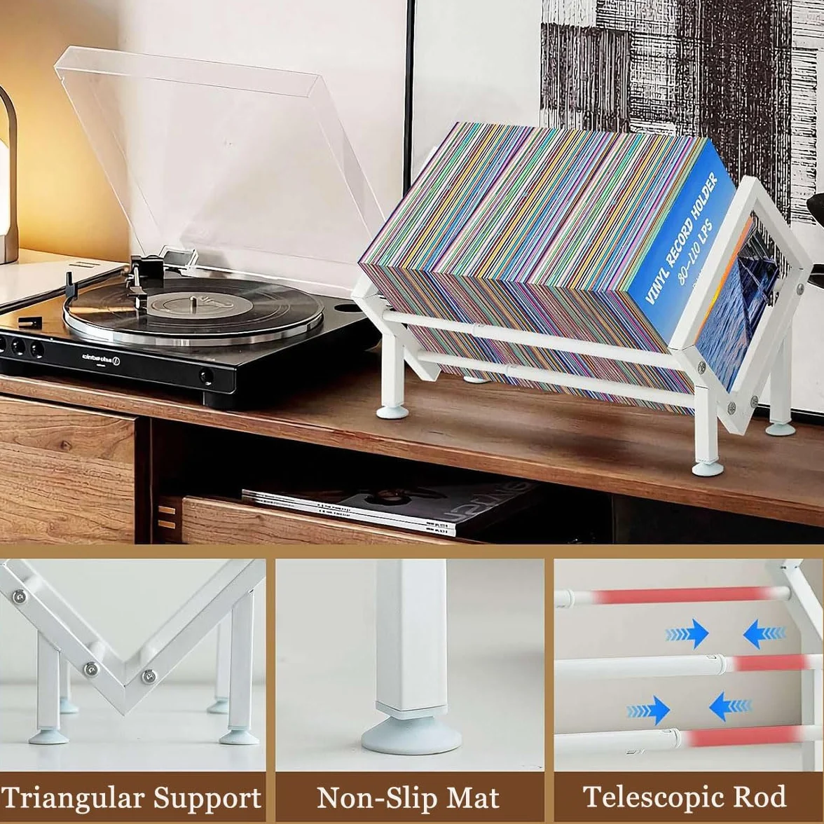 Soporte Vinilos Metal, Porta Discos Vinilo Extensible para 80-100 LPs, Organizador Vinyl Records Mesa, Estante Vinilos para CD, álbumes, Revistas, Libros (Blanco)