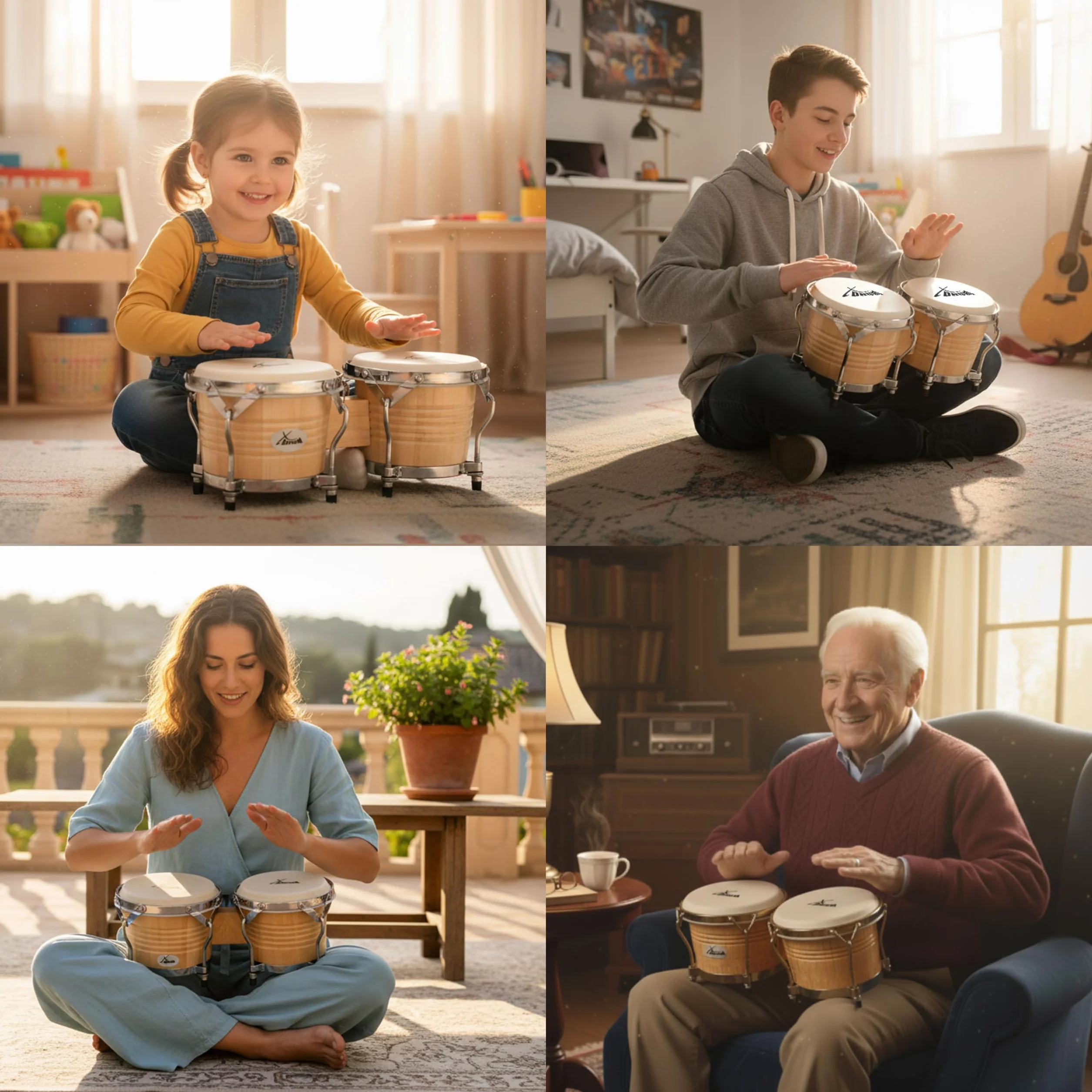 XDrum Bongos Pro Natur - 2 tambores con diámetros de 6,5" (17 cm) y 7,5" (20 cm) - Bongos con parches naturales afinables, llave de afinación y soporte - Tambores de madera en color natural