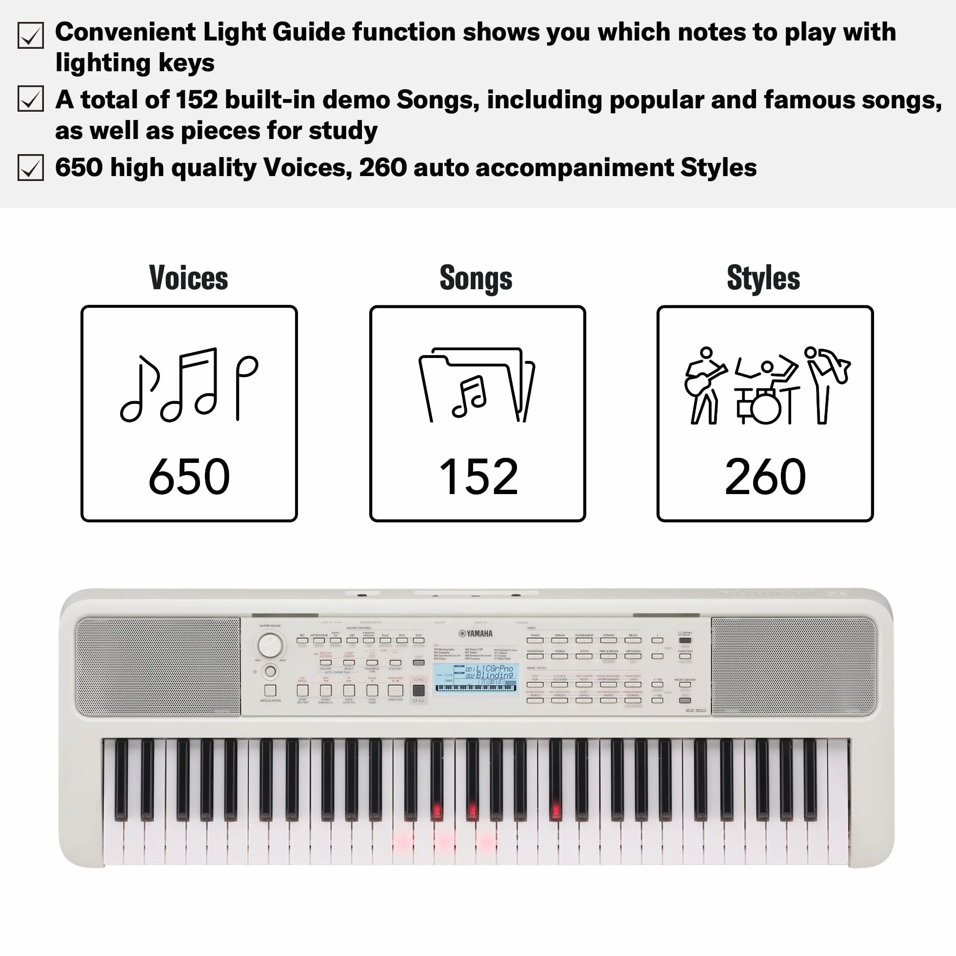 Yamaha EZ-310 Teclado portátil, cómoda función de luces guía y 61 teclas sensibles a la pulsación con polifonía de 48 notas, incluye 2 clases online con un profesor de Yamaha Music School