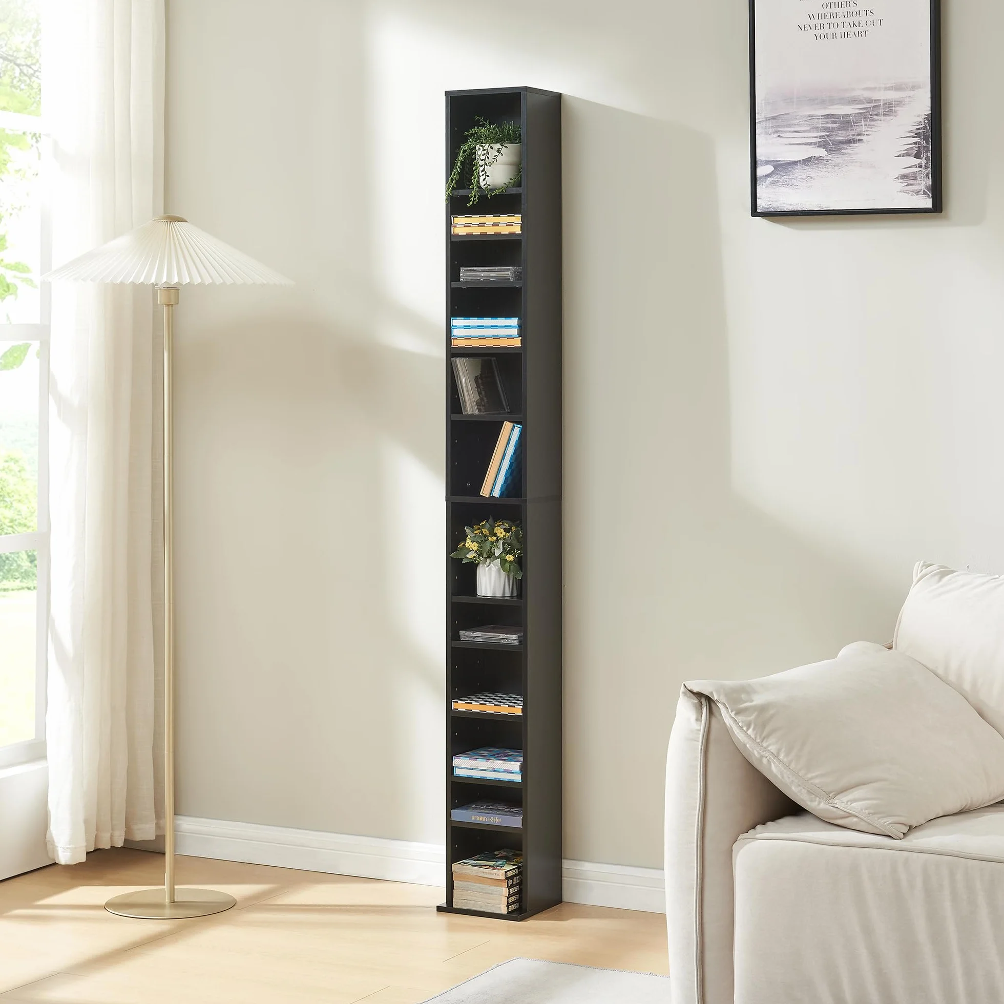 [en.casa] Estantería para CDs Tynset Soporte para DVDs Recuerdos Librería con 12 Compartimientos Estantes Ajustables en Altura Aglomerado 175 x 20 x 20 cm - Negro