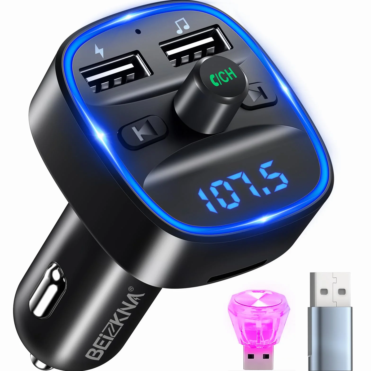 Transmisor FM Bluetooth para Coche, Bluetooth 5.3 Manos Libres Inalámbrico Reproductor Coche con Dual USB 5V/2.4A, Hi-Fi Reproductor Música Adaptador de Radio Soporte Tarjetas SD USB Flash Drive