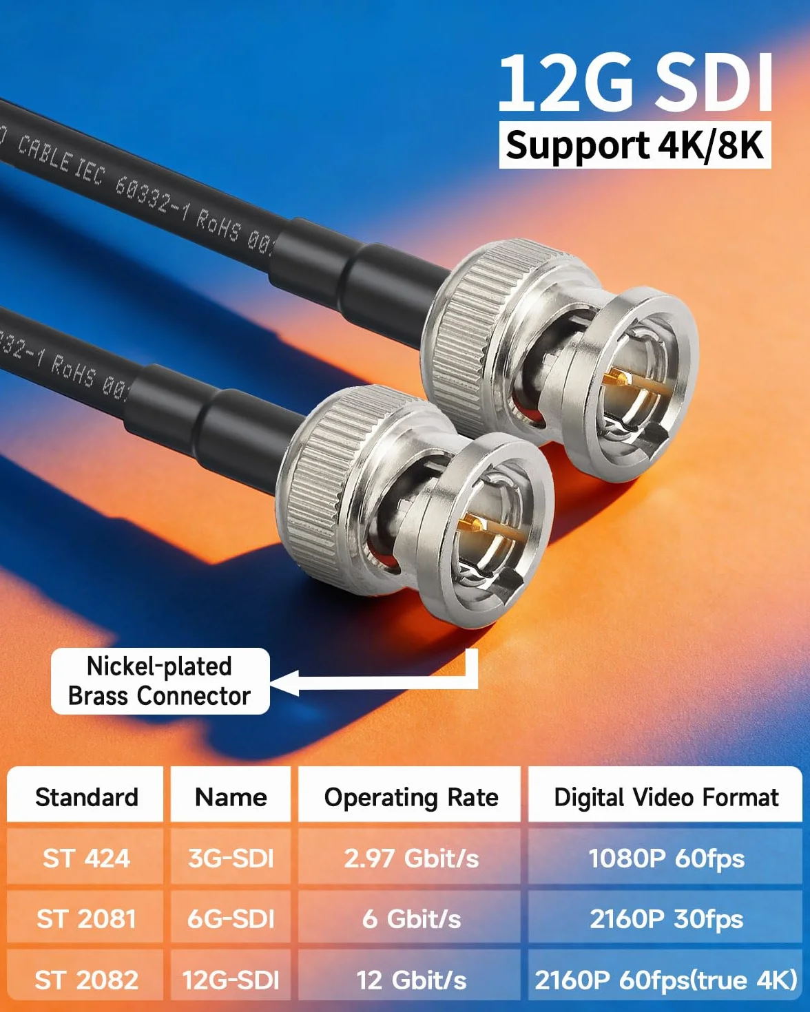 Superbat Cable SDI BNC 12G 4K UHD 1m Belden 4855R Macho a Macho 75ohm para Cámara de Seguridad
