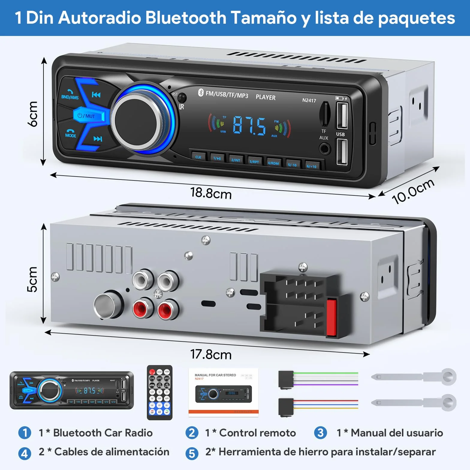 Wistrue Autoradio Bluetooth 5.0 Manos Libres 1 DIN MP3 Player FM Radio con 2USB AUX Control Remoto