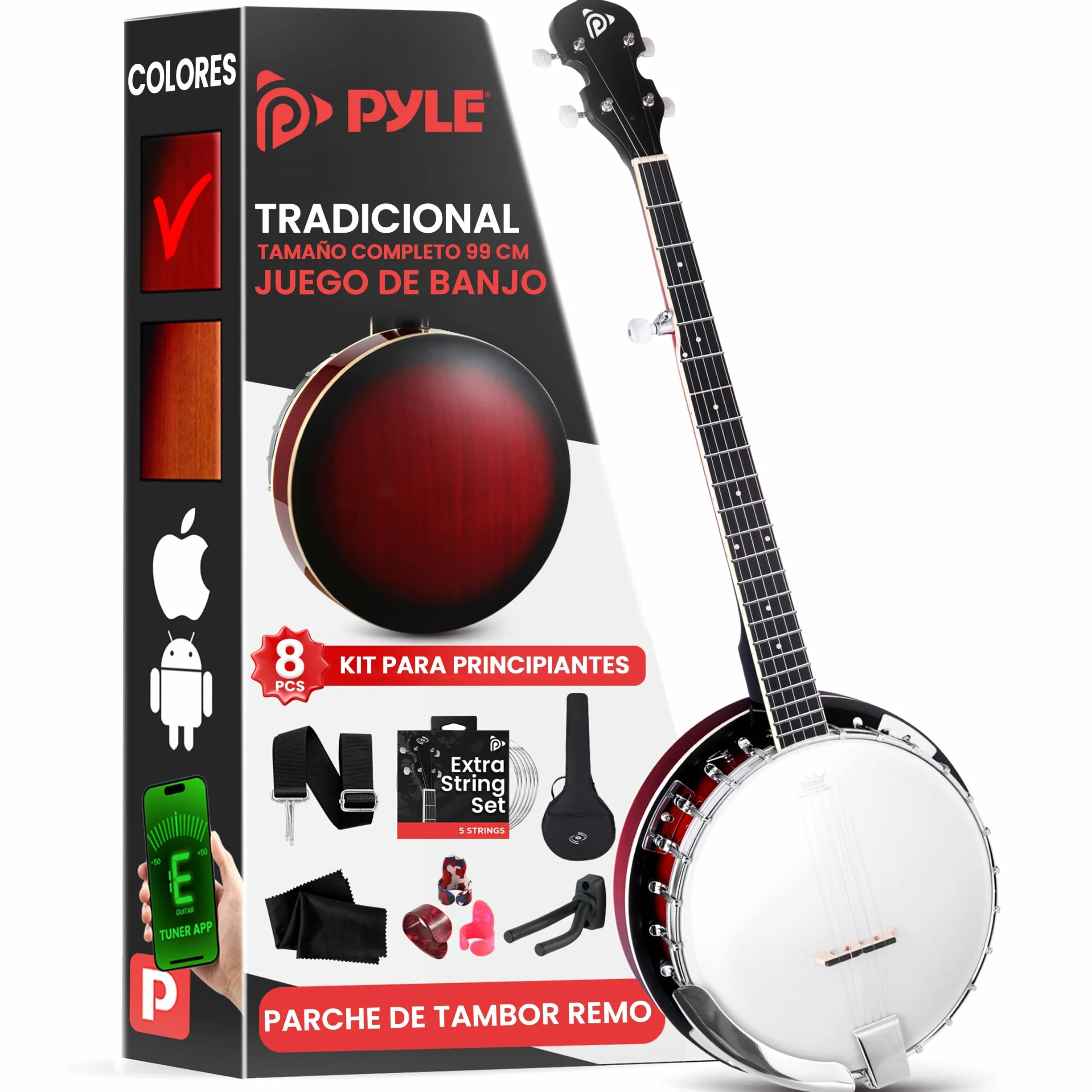 Pyle banjolele kit, Banjo, Remo head, Resonador de sapele, 39”, Tamaño tradicional, 5 cuerdas, Afinador engranado