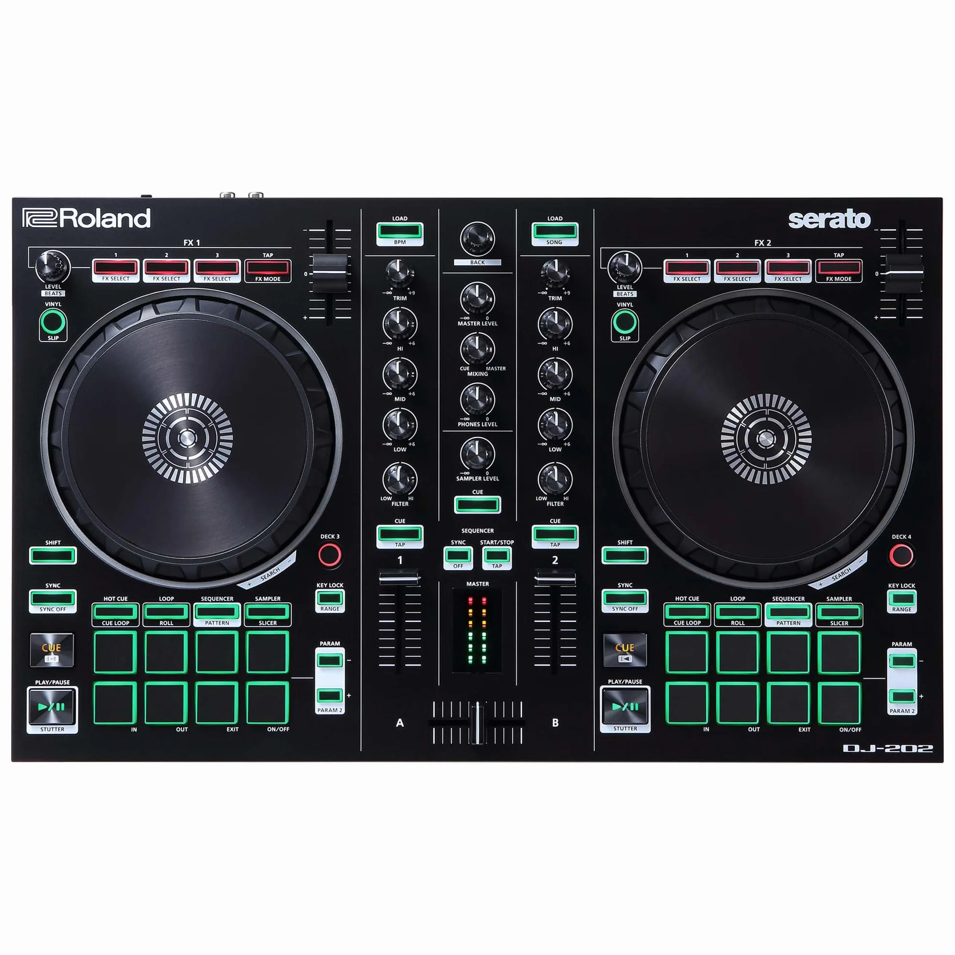 Roland DJ-202 Controlador de DJ compacto | Controlador de 4 decks y 2 canales para Serato DJ Lite | Platos grandes y de baja latencia | Míticos sonidos de baterías Roland | Compatible con Spotify