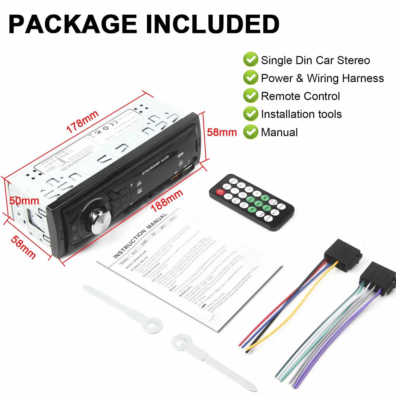 Radio Coche Bluetooth 1 DIN - Autoradio soporta Llamadas Manos Libres, 2 Puertos USB, SD, AUX-in, Radio FM - Reproductor de MP3 con Control Remoto