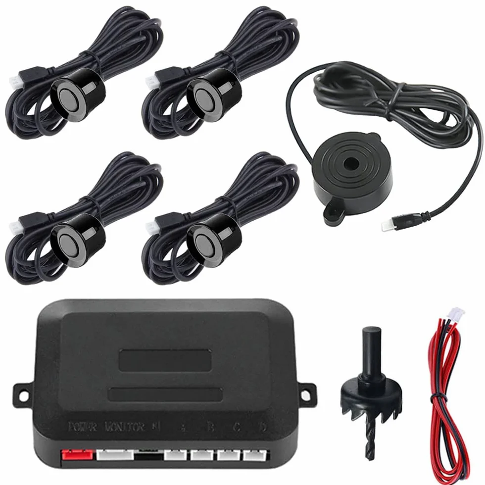 Kit de Sensor de Aparcamiento Coche 4 Sensores de Aparcamiento Sistema Radar Inverso Traseros Sensores de Estacionamiento Marcha Atrás Alarma de Sonido Negro