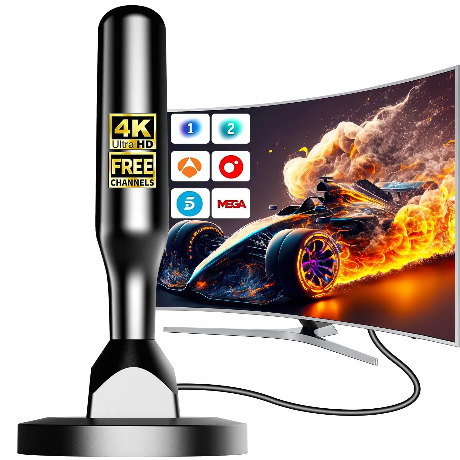 Antena TV Interior HD DVB-T2/DVB-T 4K/1080p Recepción 360° Base Magnética Fuerte