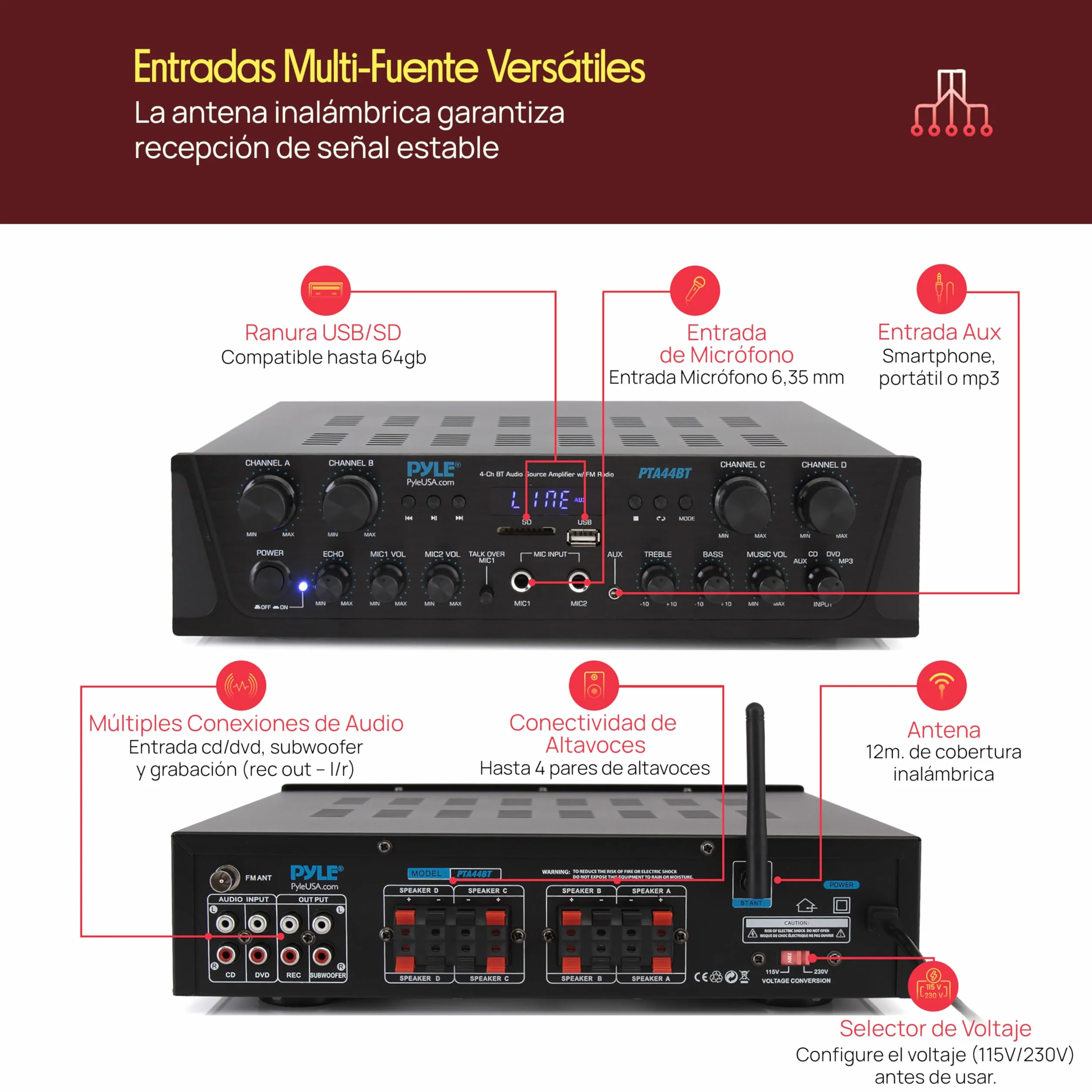 Pyle Amplificador de Audio, Inalambrico, Bluetooth, Estereo, 4 Canales, Entrada de microfono, AUX, Salida del Altavoz del subwoofer RCA, USB, Potencia Maxima de 500W a 4-8 ohmios