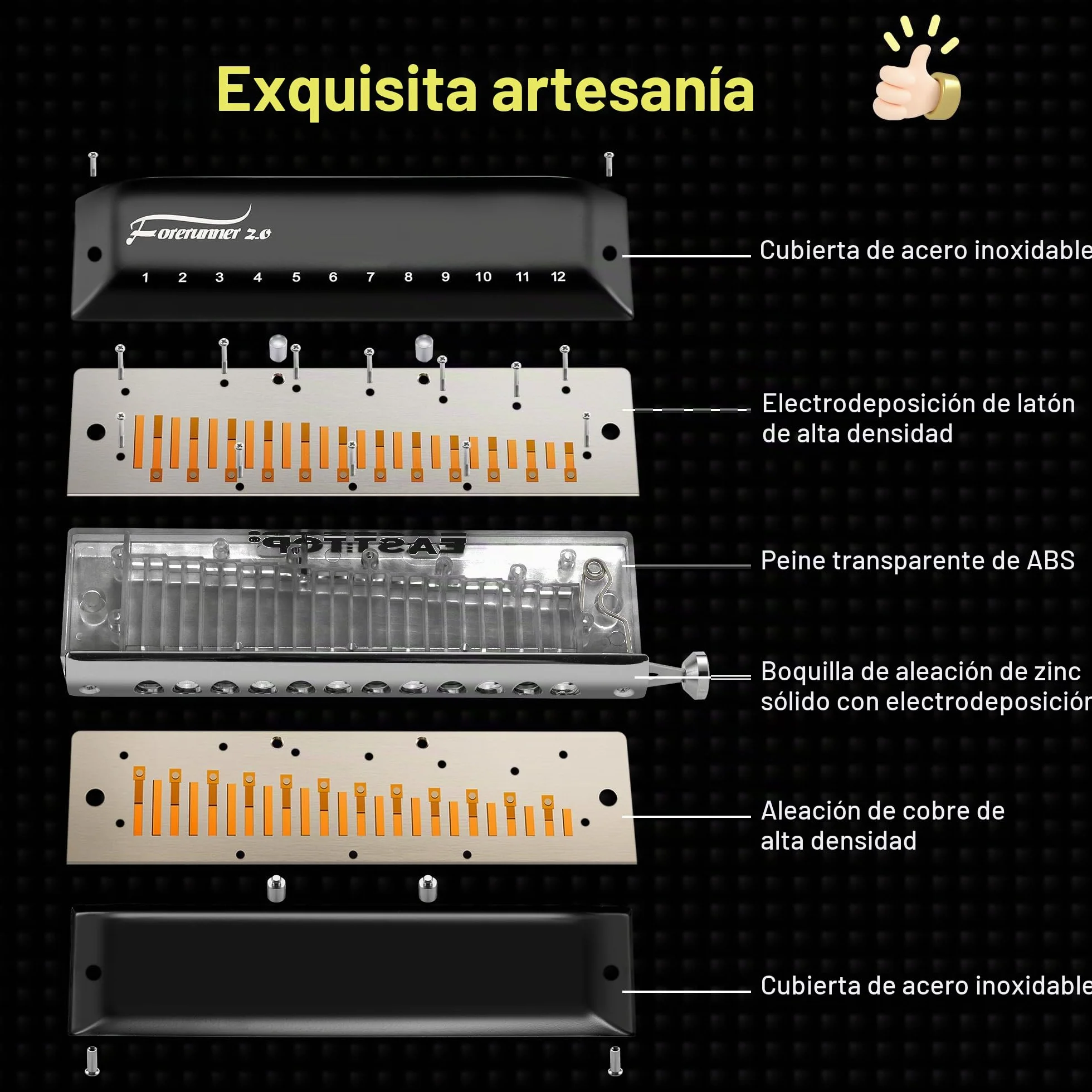 EAST TOP FORERUNNER 2.0 - Armónica cromática actualizada de 12 agujeros, 48 tonos, llave C, órgano de boca cromática, armónica para adultos, principiantes y estudiantes