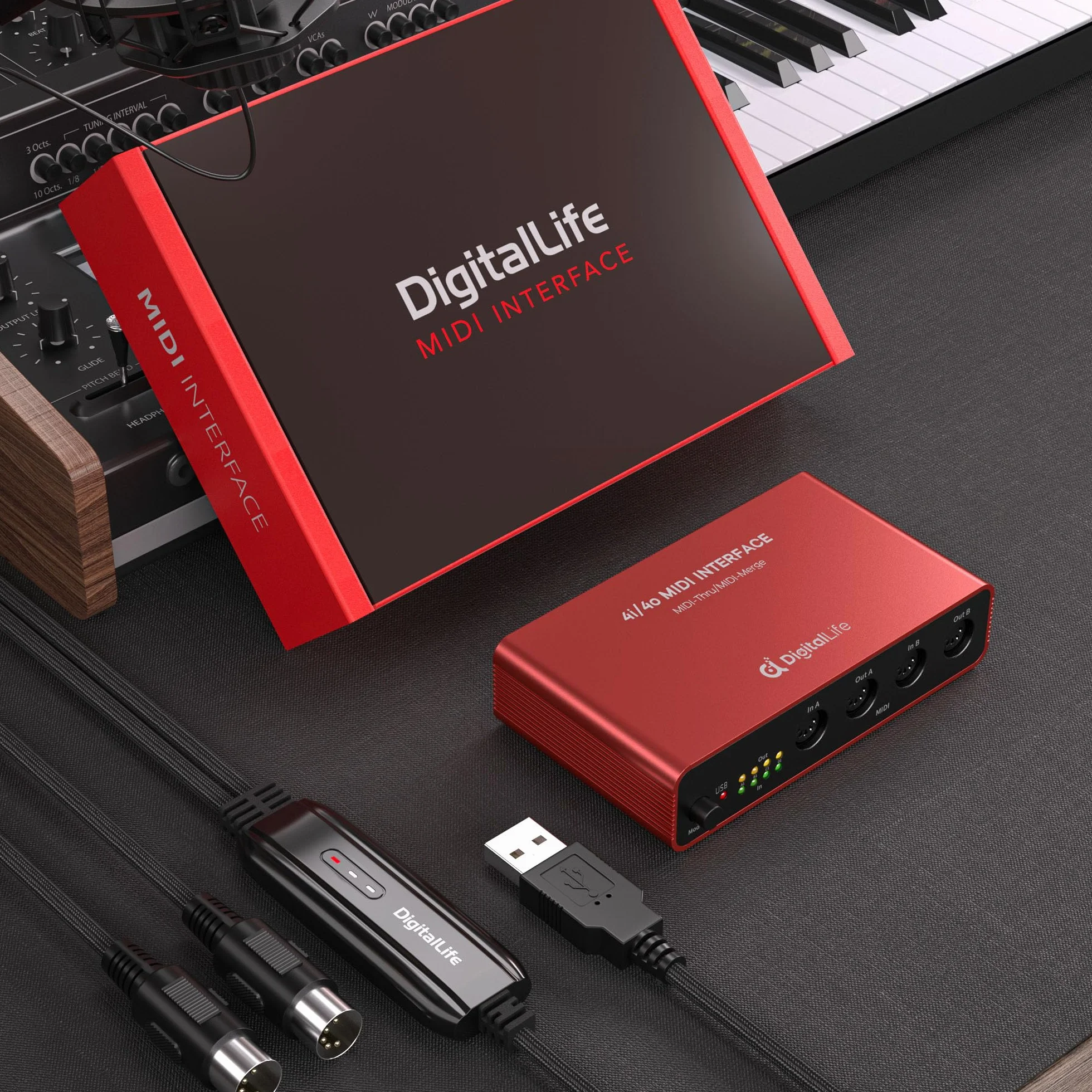 DigitalLife Interfaz MIDI Quad-I/O 5-PIN DIN - Caja MIDI Thru (4-In/4-Out) & Caja MIDI Merge (2-In/4-Out), 8 Indicadores LED, Metal