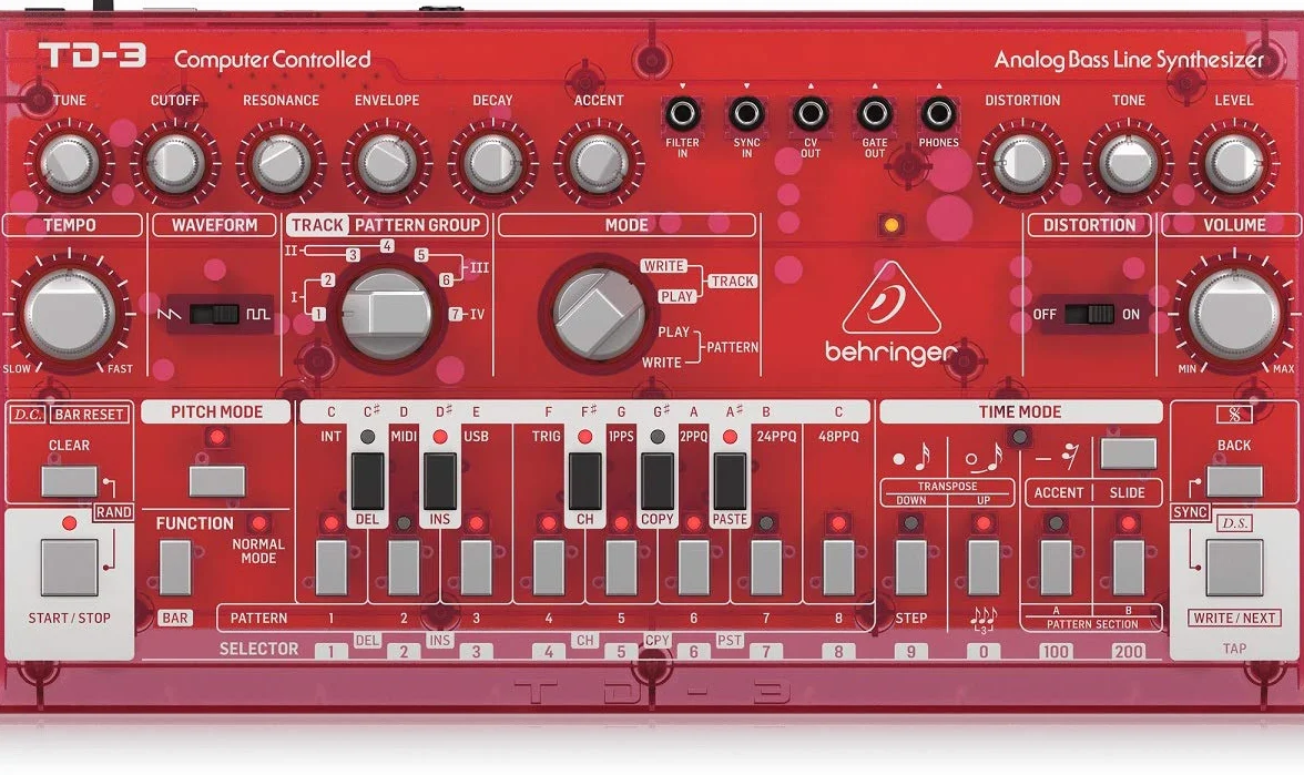 Sintetizador de línea de bajo analógico Behringer TD-3-SB con VCO, VCF, secuenciador de 16 pasos, efectos de distorsión y cadena polivinílica de 16 voces