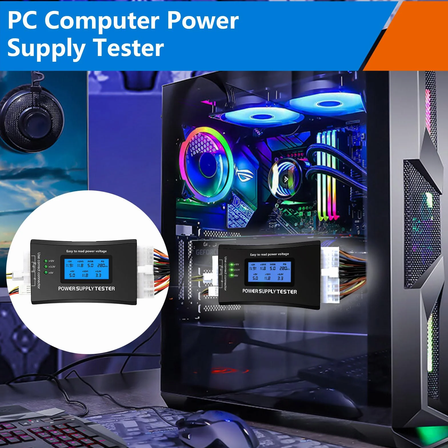 Probador de Fuente de Alimentación para PC, QIQIAZI Tester ATX con Pantalla LCD de 1,8", Compatible con ATX/ITX/IDE/HDD/SATA/BYI, Probador Digital con Alarma de Error y Luz LED