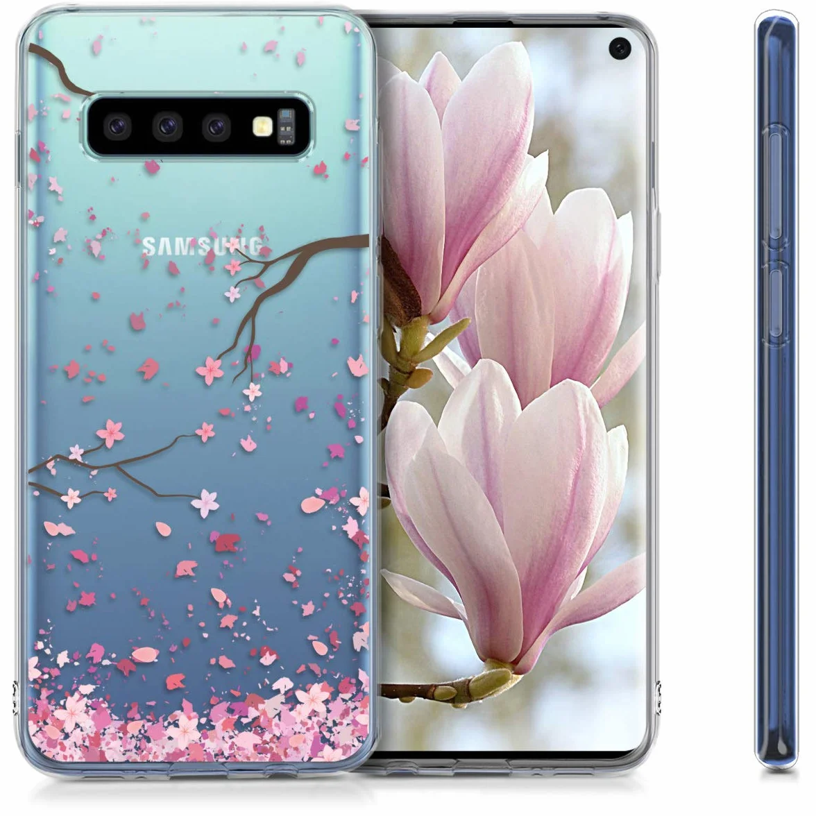 kwmobile Carcasa Compatible con Samsung Galaxy S10 - Funda Silicona TPU Flores Cerezo cayendo Rosado Suave/marrón Oscuro/Transparente