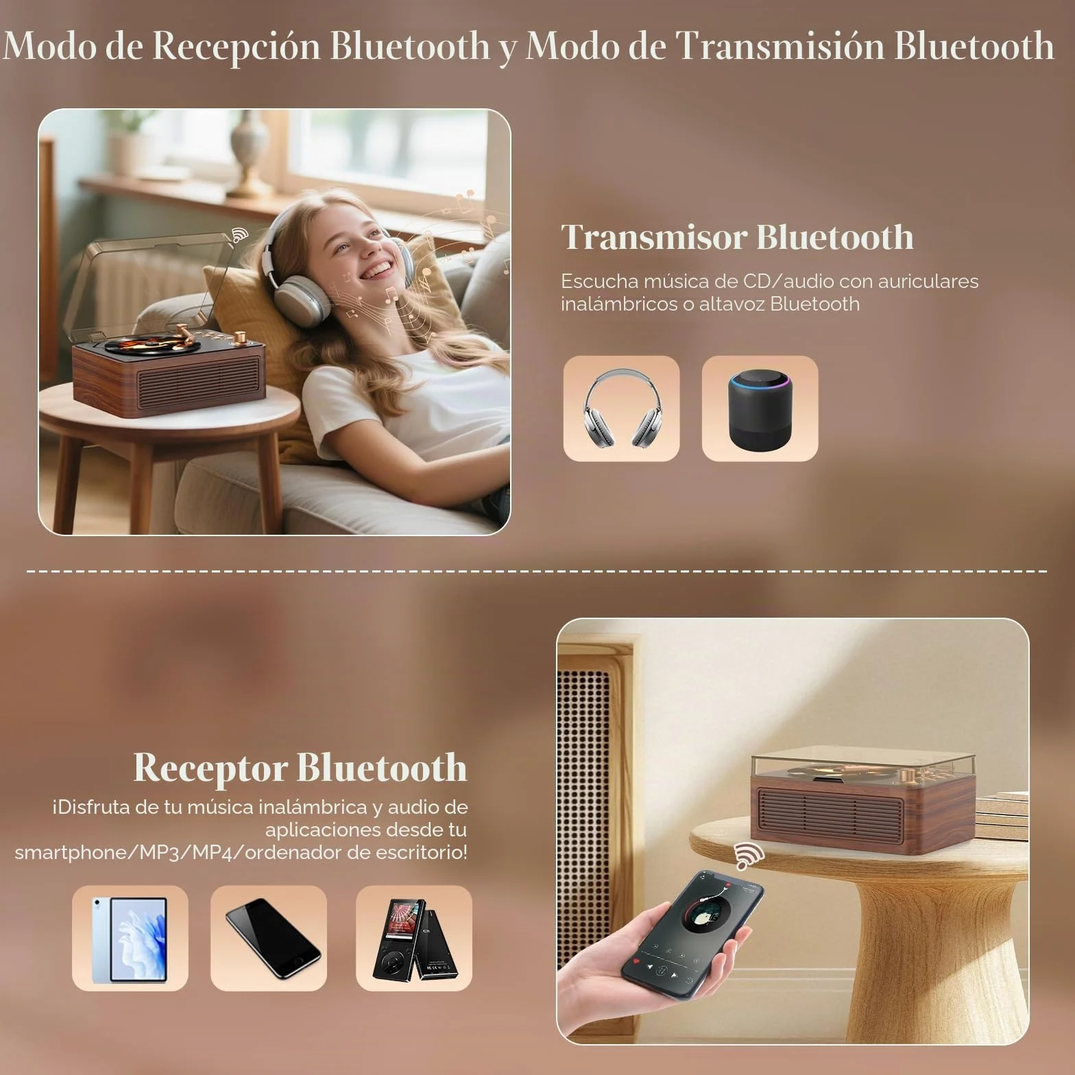 Kegaudio Reproductor CD Portatil Bluetooth con Radio y Mando a Distancia USB AUX Nogal