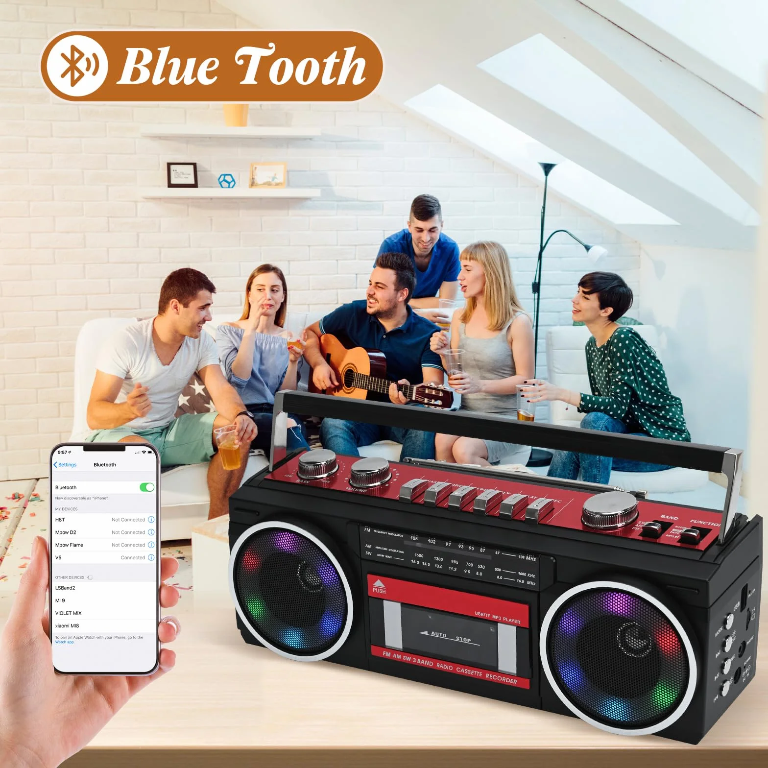 Reproductor de Casete portátil Boombox, Radio estéreo Am/FM/SW, Reproductor de Casete, grabadora de MP3, Bluetooth, USB, Luces RGB, Tarjeta TF (Rojo)