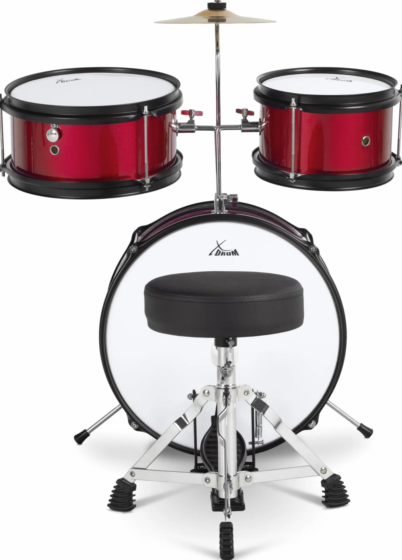 Batería XDrum Junior KIDS Incl. Escuela - Batería Compacta Para Niños - Para Niños De 3 A 5 Años - Montaje Muy Fácil - Con Escuela, Taburete, Baquetas Y Llave De Afinación - Roja